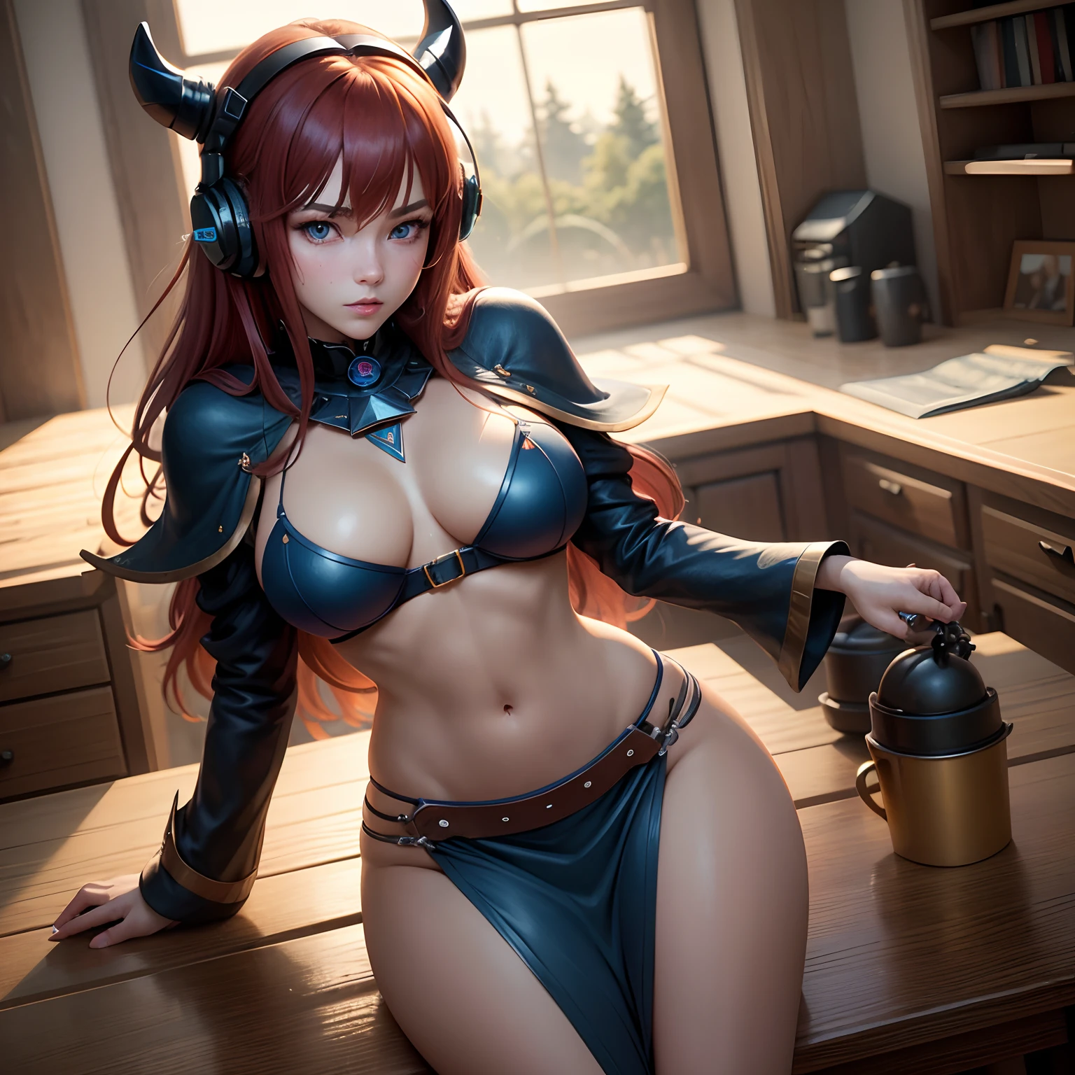8k, masterpiece, best quality, realistic, higly detailed, cowboy shot, 1girl, solo, miku, emotionless looking girl, medium-length red hair, strands of hair hanging over the right side of her face, a set of wireless headphones that have a triangle-shaped logo on the ear cups around her neck, dark blue eyes, average height, well-endowed figure, large breasts, bangs cover her right eye, Dark Magician