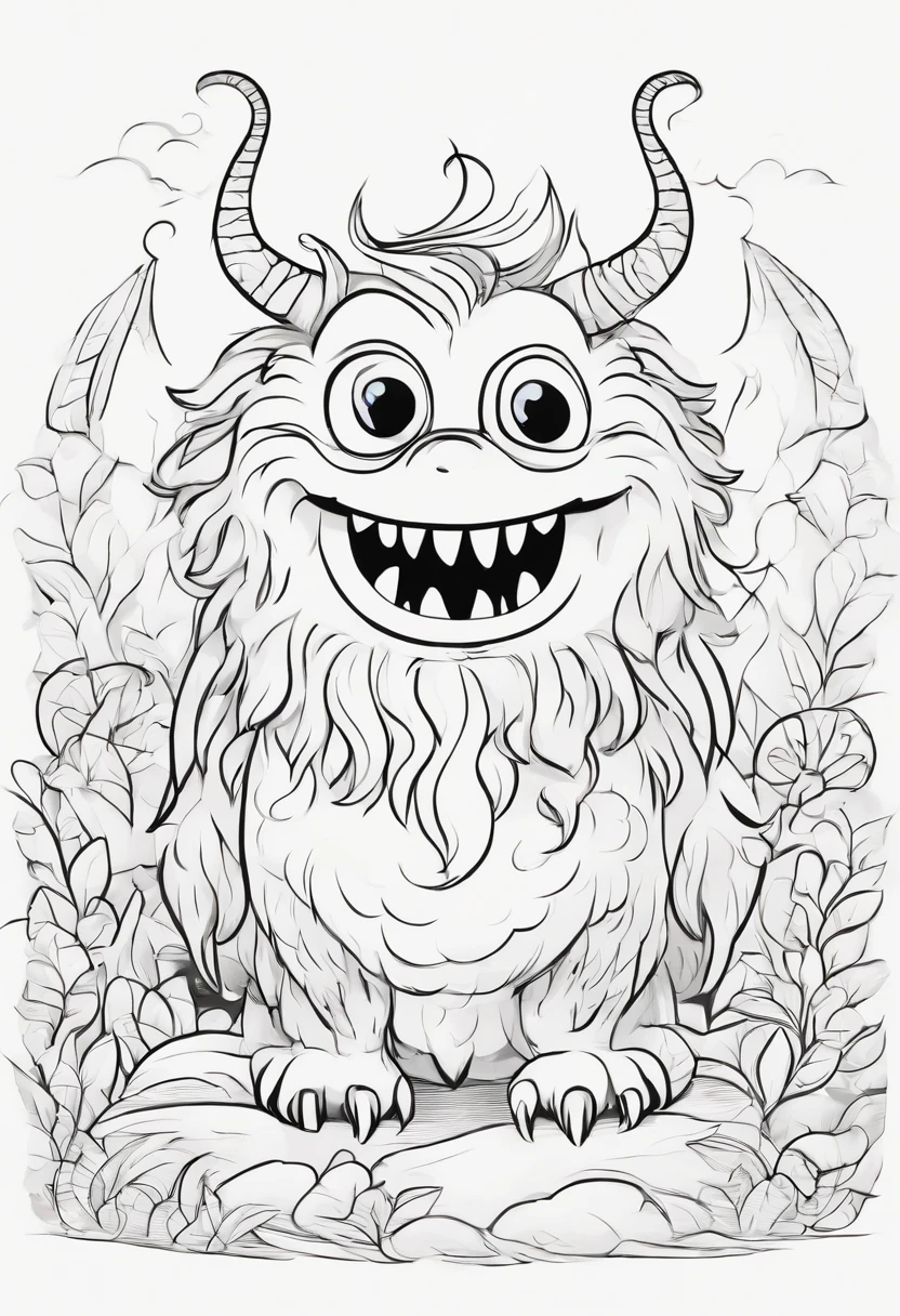 "(best quality,4k,8k,highres,masterpiece:1.2),cute monster illustration for children to color,fun and vibrant colors,playful and friendly monster,long sharp claws,large round eyes,curly horns and tail,fantastic and magical background,creative and imaginative monster,lovable and adorable creature,children's art style,easy and simple lines,uniquely designed monster,fantastic and whimsical elements,cartoon-style monster drawing,joyful and lively atmosphere,colorful and expressive monster,delightful and enchanting character"