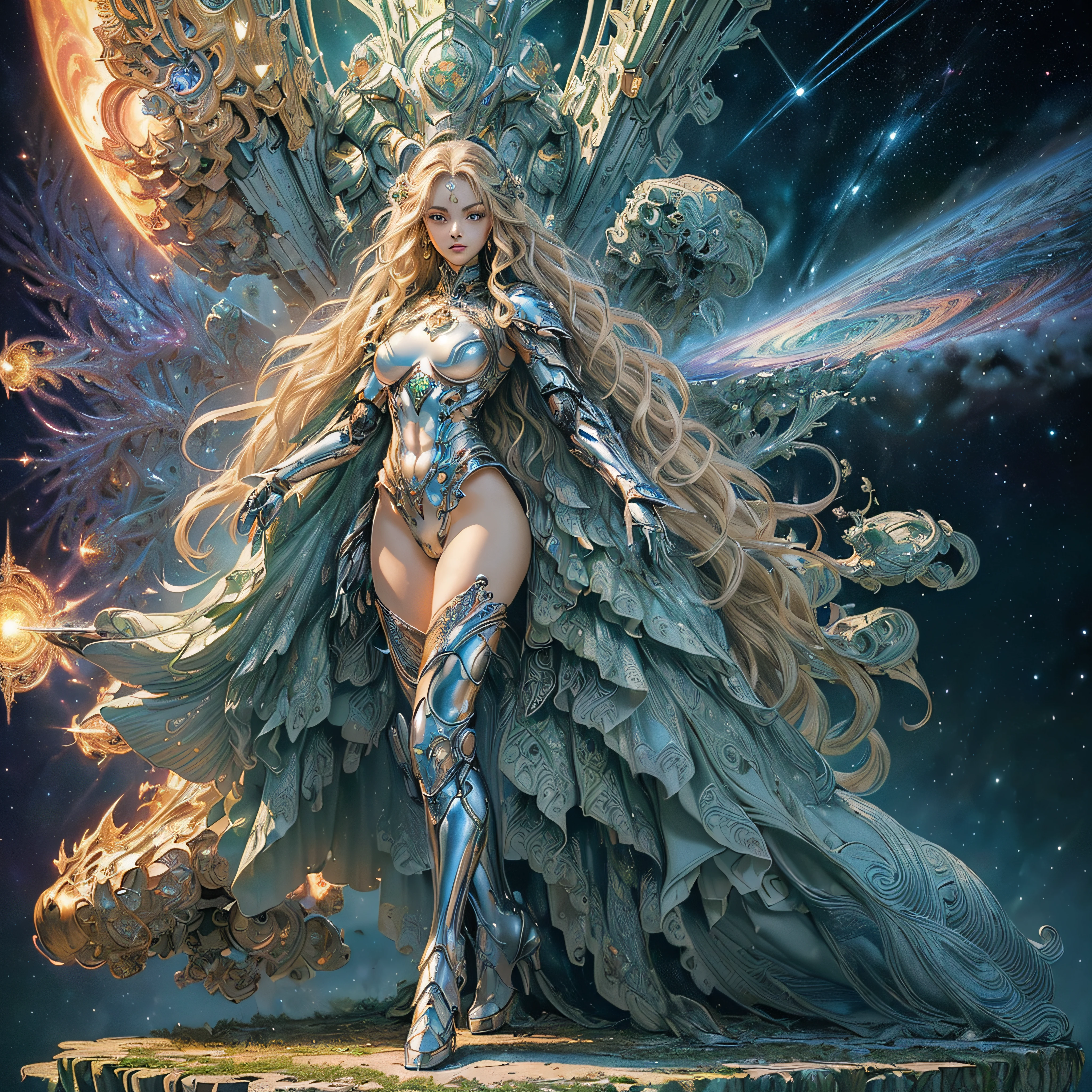((masterpiece, 8k, ultra quality, full shot body, official art, beautiful and aesthetic:1.4), (1girl), (entire figure), silver armor, intricated detailed, mecha, nude leg with boots, NSFW, (fractal art:1.3), cosmic elements, galaxy on background, colorful, highest detailed, (green eyes, long wavy hair, blonde hair)