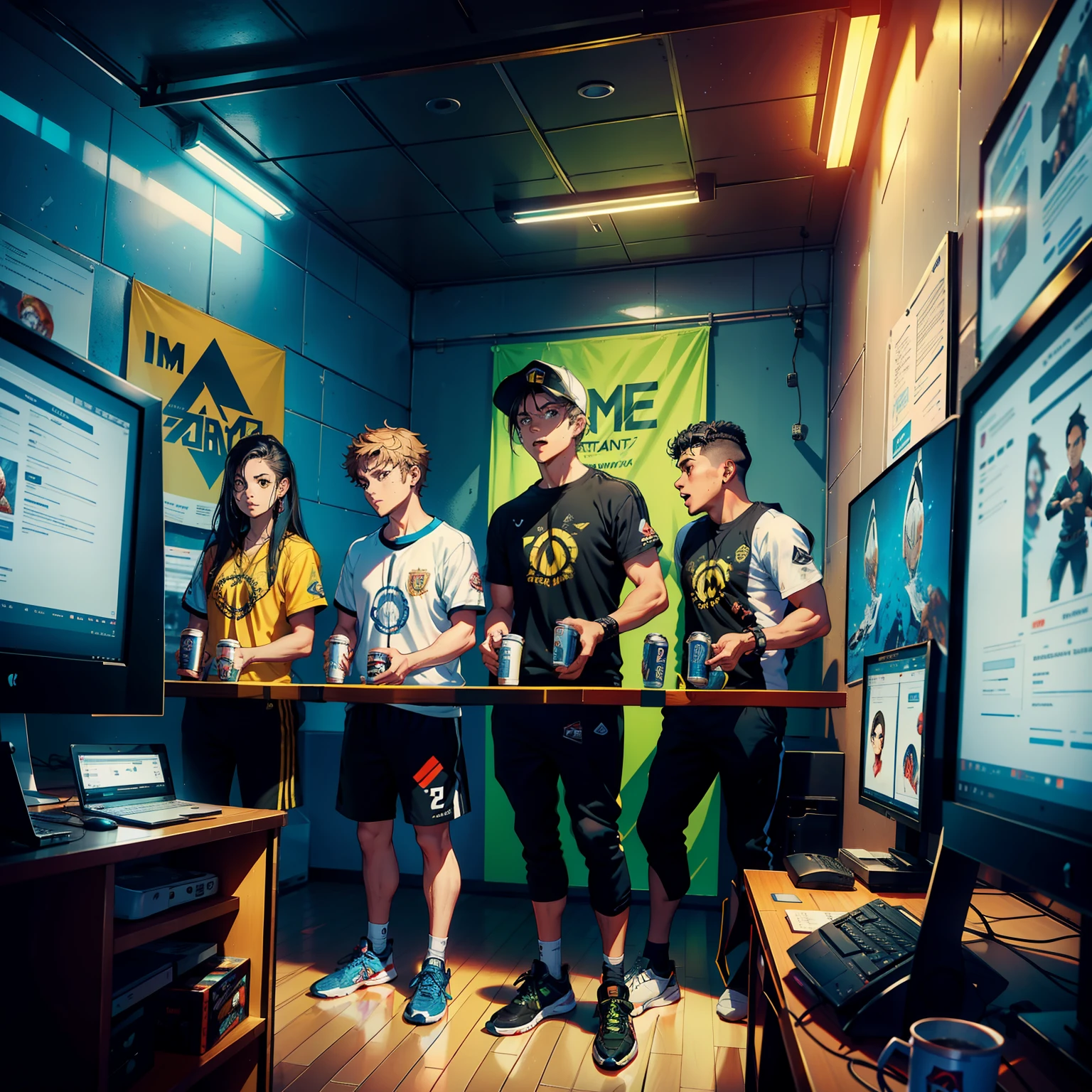 master part, Arte Oficial, 8k, altamente detalhado, best quality, um grupo de pessoas reunidas em torno de uma tela de computador, all energetic and enthusiastic, some standing, outros sentados em cadeiras, todos olhando atentamente para a tela, um forte aplauso irrompendo de seu meio, their faces lit up with excitement and triumph, a gaming competition being held, os jogadores todos envolvidos no jogo, seus dedos se movendo rapidamente no teclado e mouse, a sala cheia com o som de clicar e tocar, Posters of famous players and game characters on the walls, cans of energy drinks and snack packs strewn across the floor, a trophy and cash prize at a nearby table, esperando para ser reivindicado pela equipe vitoriosa