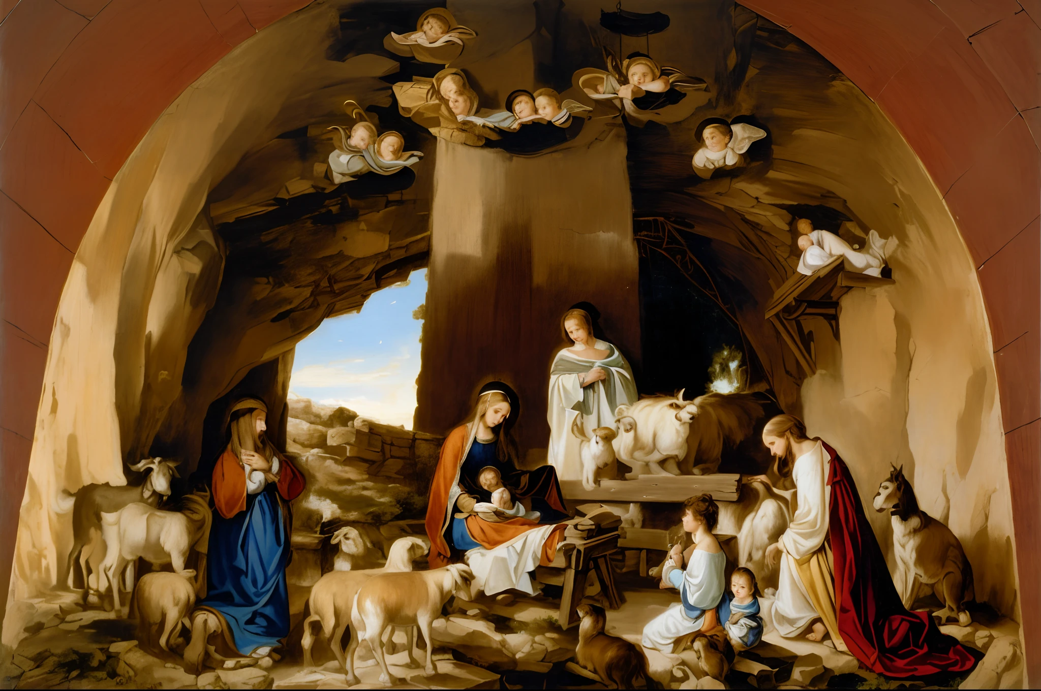Painting of a manger with a manger and angels, fresco, WITH CHILD JESUS, por Cristofano Allori, Pintura al fresco, por Serafino De Tivoli, gruta, by Antonio de la Gandara, por Correggio, por Antonio Ciseri, por Giorgio De Vincenzi, por Rudolf von Alt,3d render 8k