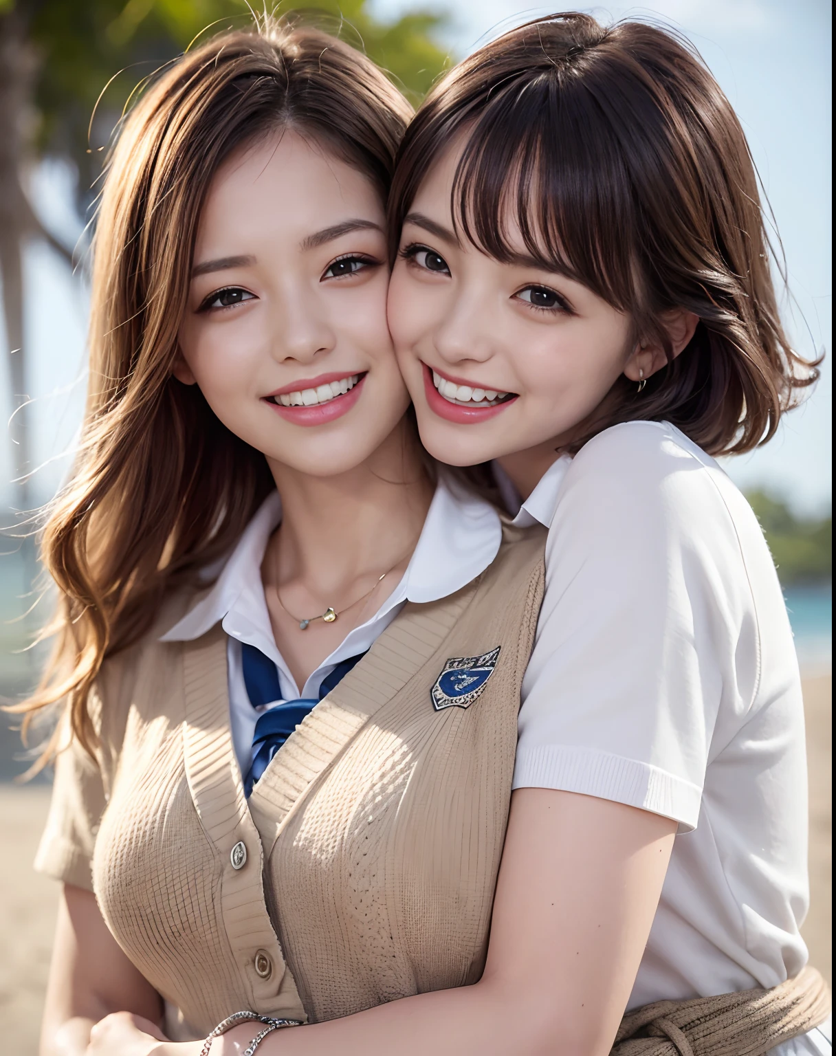 (2 girls, hugging each other:1.5) (school uniforms:1.4), (Wear only a short sleeve white shirt with collars on upper body:1.5), ((white collar, bare arms):1.2), (beige solid-color cardigan pull and tied around waist:1.3), (knot on waist:1.3), (plaid-pattern pleated-skirt:1.3), ((necklace, colorful bracelet,X hair ornament):1.2), RAW photo, photorealistic:1.6, Quality:1.5, 8k, Masterpiece:1.3, ultra highres:1.0, Crisp Focus:1.2, Big breasts:1.3, Beautiful Woman with Perfect Figure:1.4, Highly Detailed Face and Skin Texture, Detailed Eyes, Double Eyelids, perfect face balance, cute, (laughing:1.6), beautiful studio soft light, rim light, vibrant details, hyper realistic, octane render, detailed beautiful skin, realistic skin, (in a beautiful beach, sunny day)