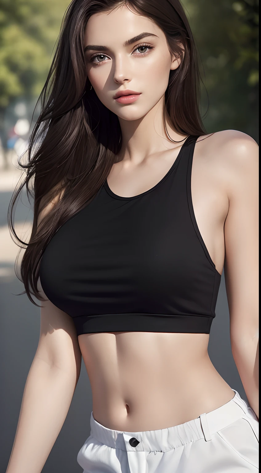 (Masterpiece, Best quality, photoreallistic, high resolucion, photographie, :1.3), Very close-up, mise au point nette, 1 girl long hair ash-brown, European Girl, Warm model with a big chest, taille, Highly detailed eyes and pupils, realistic skin, Forme mince du corps, clivage, extremely detailed hair, delicate face, gaz sensuels, glossy lips, ((wear black tank tops)), outdoor, ((Realstic, super realistic, realism, realistic detail))