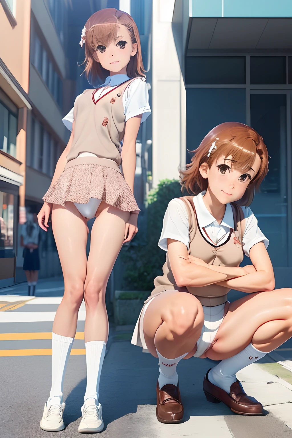 ((NSFW))、((Squat))、((Open your crotch wide from side to side))、((Opening legs))、(Sweat)、((Shooting from front))、Top image quality、top-quality、8K picture quality、masterpiece、((1 persons))、((独奏))、((1 persons))、full body Esbian、7headed body、Misaka Mikoto、A smile、embarrassed from、red blush、shorth hair、small tits 、Short sleeve blouse、vests、((white panties))、(((Cameltoe)))、(Love Juice)、(urethra)、(uterus)、((highleg))、((White loose socks))、((Brown loafers))、((No skirt))、In the street、profetional lighting、Professional filming、