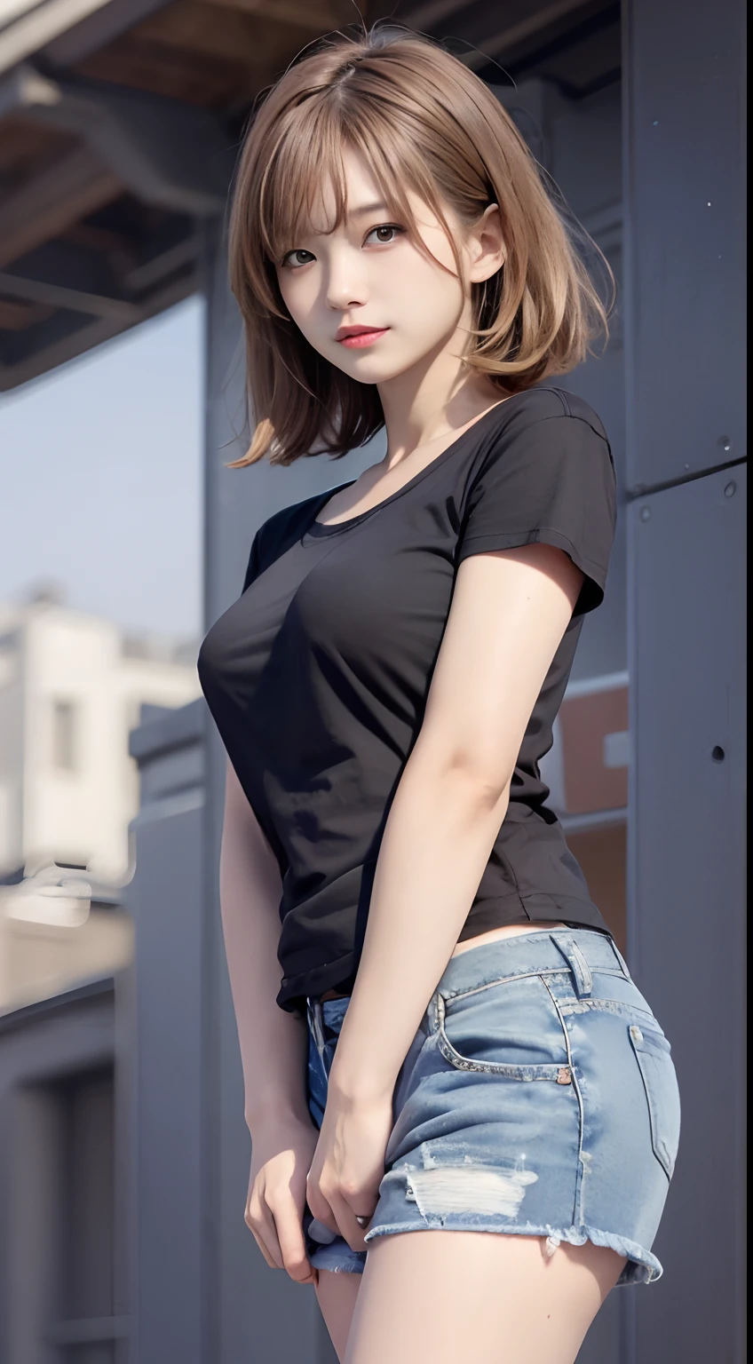 Beautiful girl、Medium bob hair、beautiful hair of light brown color、White short sleeve cut and sew、Denim shorts、ample breasts、Sheer nipples、glowing sun、blue-sky、clouds、Spring air、Photographed from below、low angles、Mare