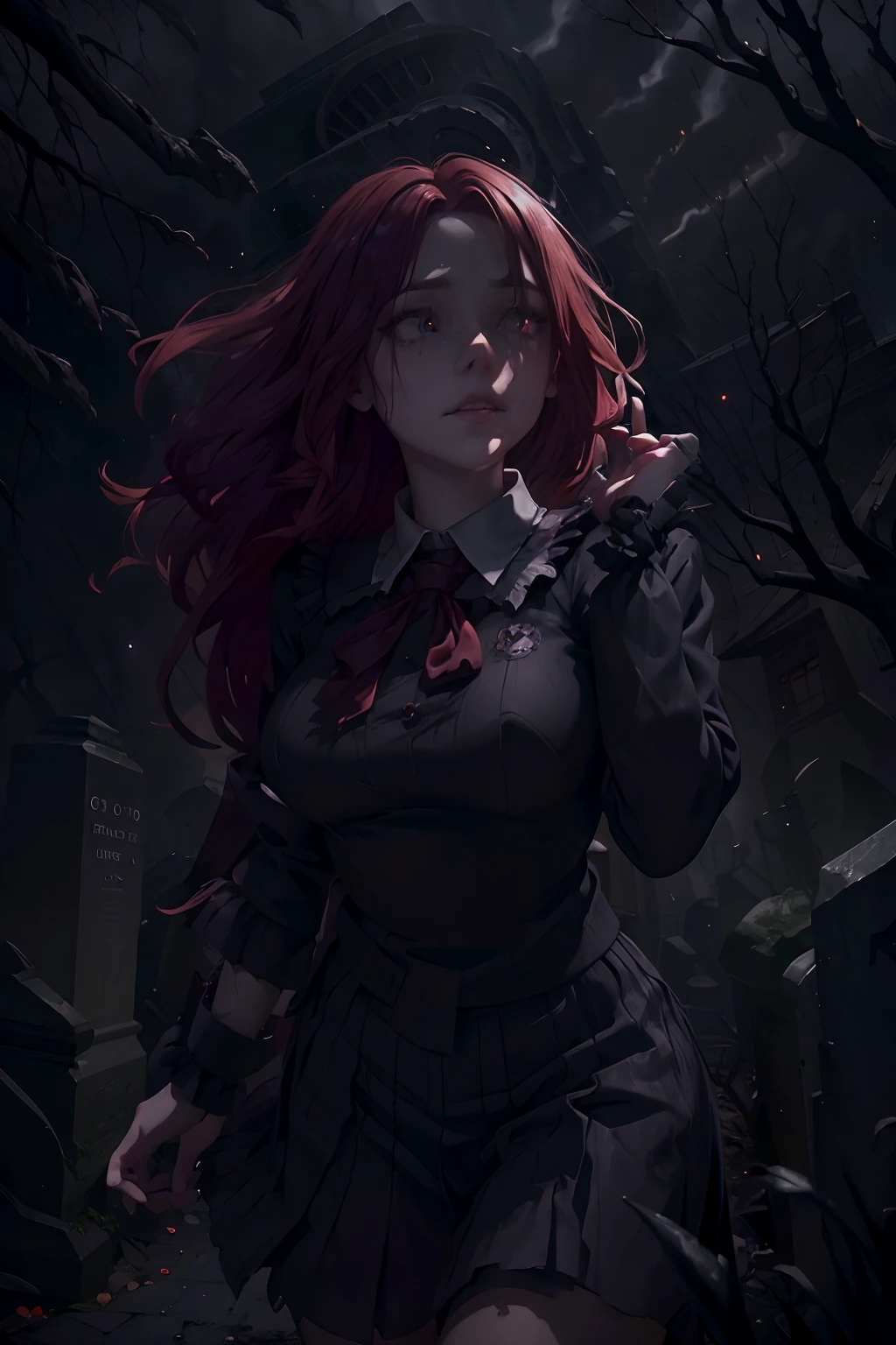 (best quality, highres:1.2),ultra-detailed, realistic, creepy young woman, detailed eyes and face, beautiful detailed lips, long eyelashes, (yandere schoolgirl), (British Style Japanese School uniform), running through a creepy cemetery with her pet (dogs), horror, eerie atmosphere, dark shadows, misty environment, gothic landscape, hauntingly beautiful, pale skin, sinister smile, red tinted hair, gloomy lighting, spooky atmosphere, mysterious aura, abandoned tombstones, foggy ambiance, twisted trees, gravestones, haunting presence, pet dogs with glowing red eyes, hauntingly elegant movements, sinister energy, chilling wind, ominous atmosphere, gothic aesthetic, dramatic lighting, eerie vibe