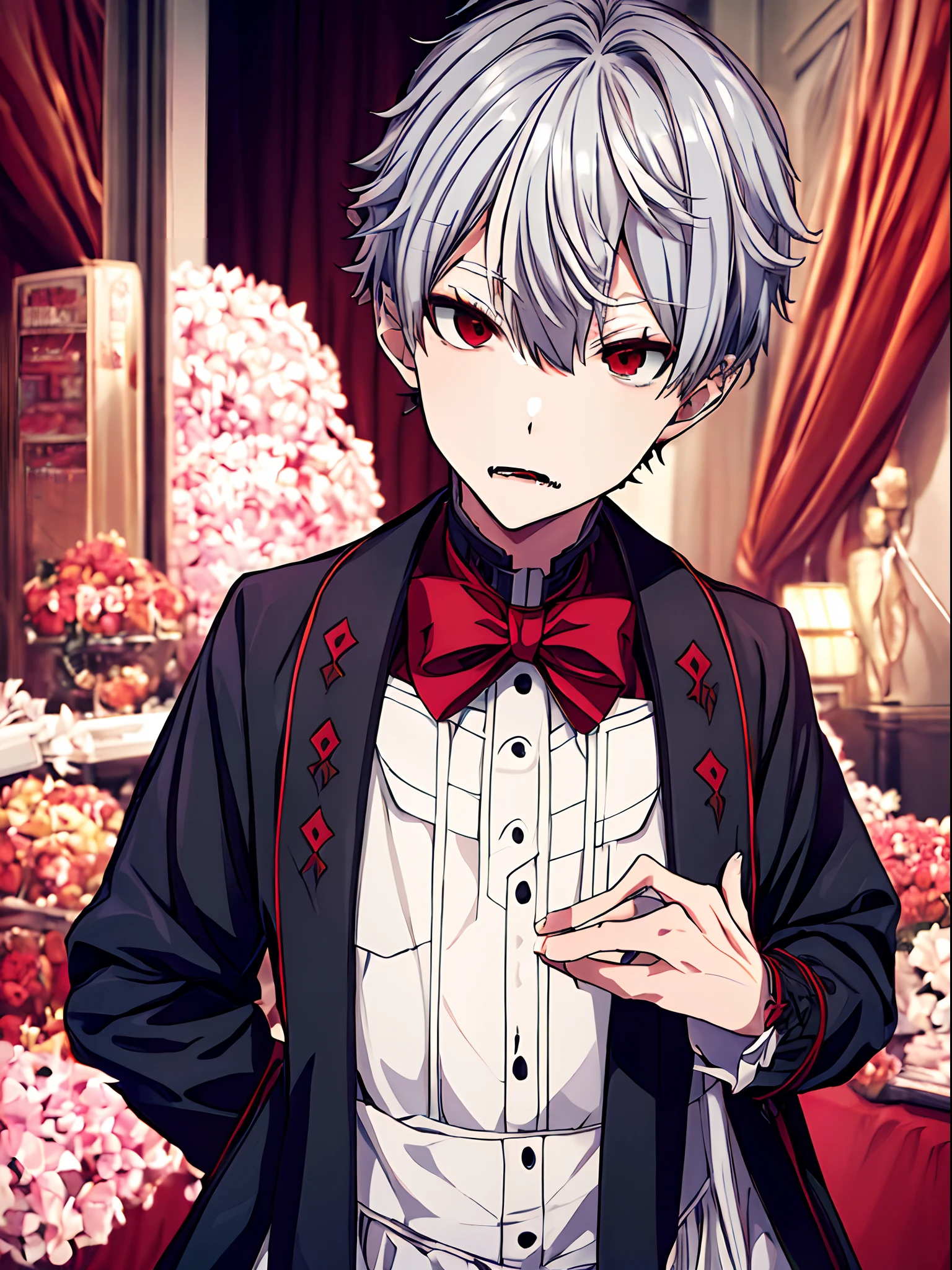 ((Kuzuha))、((Nijisanji Kuzuha))、Nijisanji、Vampire Photos、​masterpiece、4K works、Short-haired man with gray hair、Vampire Man、((Solo Photography))、((Only 1 person))、Vampire costume、Fangs grow、Beautiful anime works、animesque