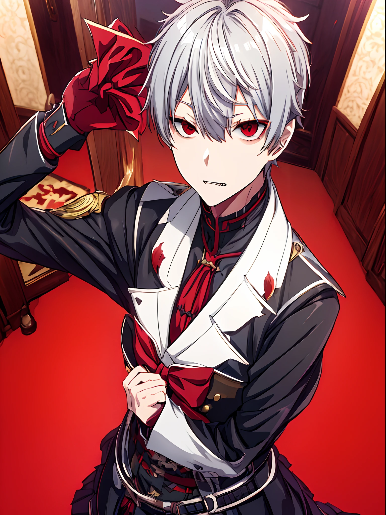 ((Kuzuha))、((Nijisanji Kuzuha))、Nijisanji、Vampire Photos、​masterpiece、4K works、Short-haired man with gray hair、Vampire Man、((Solo Photography))、((Only 1 person))、Vampire costume、Fangs grow、Beautiful anime works、animesque