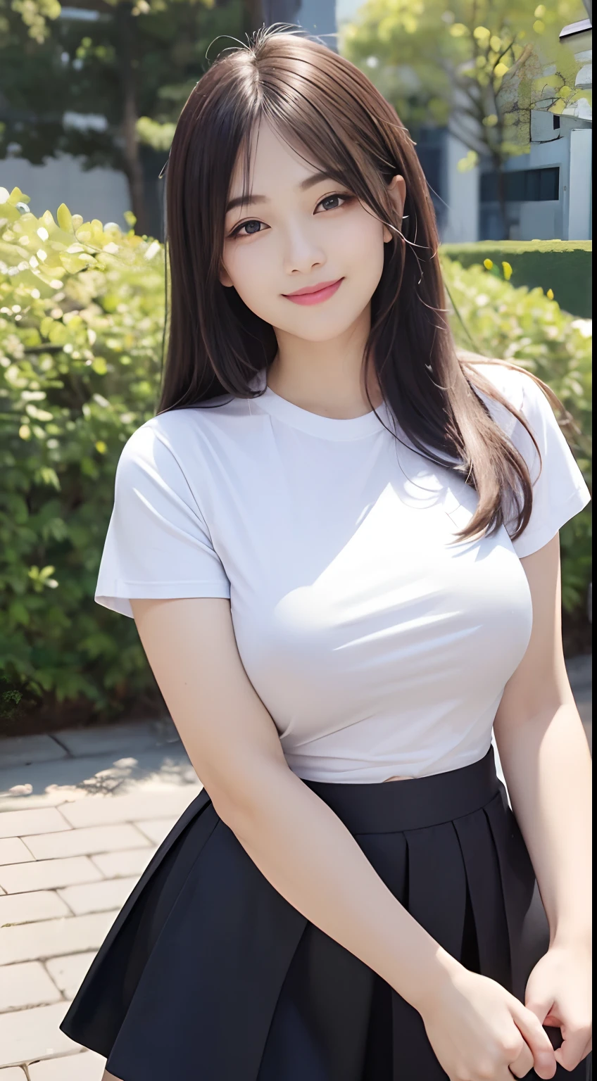 ((top-quality、8K、masterpiece:1.3))、Fat Body Beauty:1.4、Chinese beauty、huge tit:1.6、rounded thighs:1.6、length hair、(tight t shirt、tight skirts:1.6)、Sat、Highly detailed facial and skin texture、Delicat eyes、二重まぶた、Round face、thin lipss、a smile、wealthy、fair white skin、scenery background