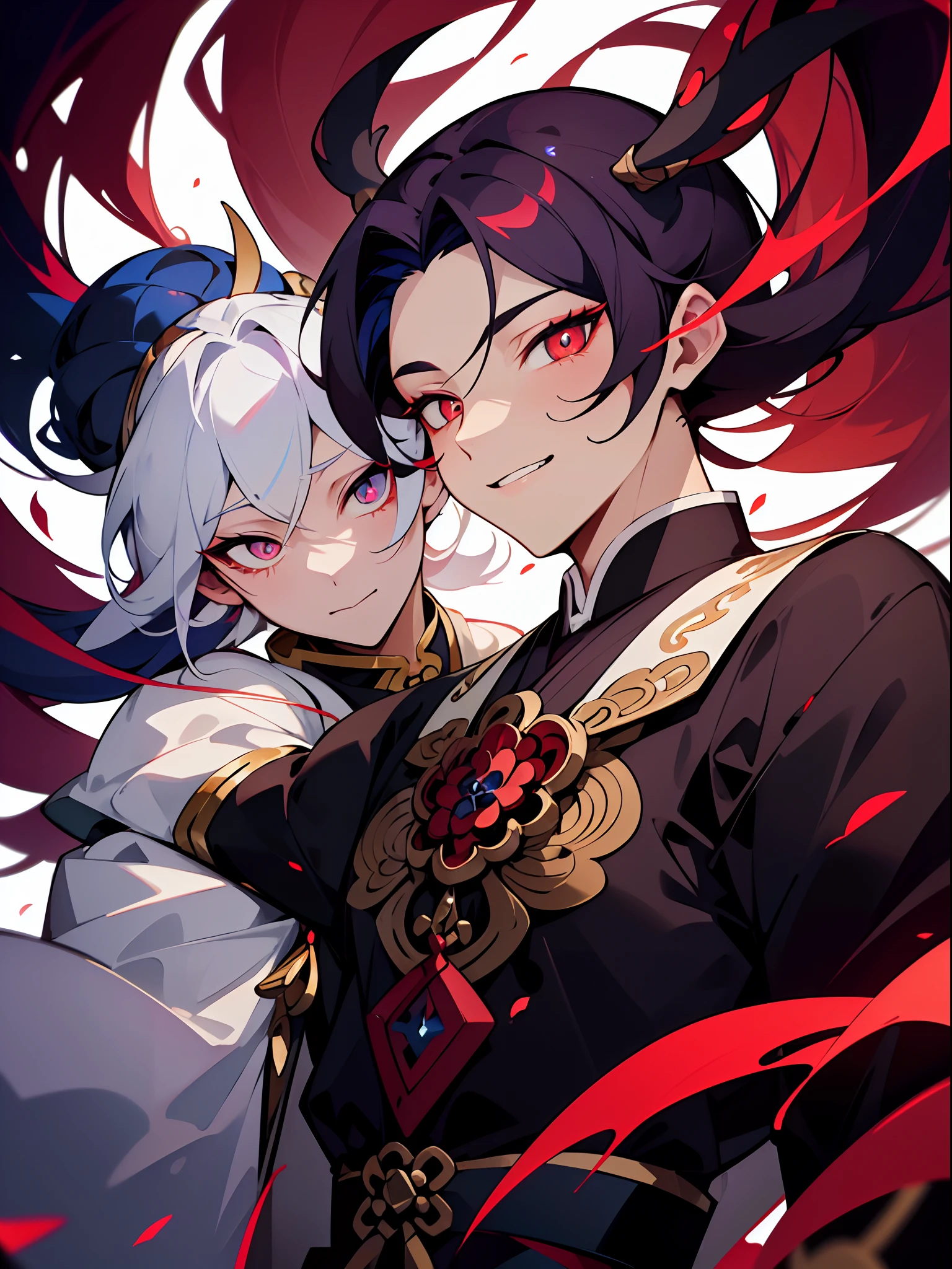 colorful, masterpiece, high quality, sharped, auto focus, looking at another, ((2male)),( gay male,yaoi male), handsome brothers,( hollow eyes), ruby shaped pupils, glowing eyes, evil smile, male face,male hair, hair over eyes,(Onmyoji's Clothing), cinematic,dynamic pose