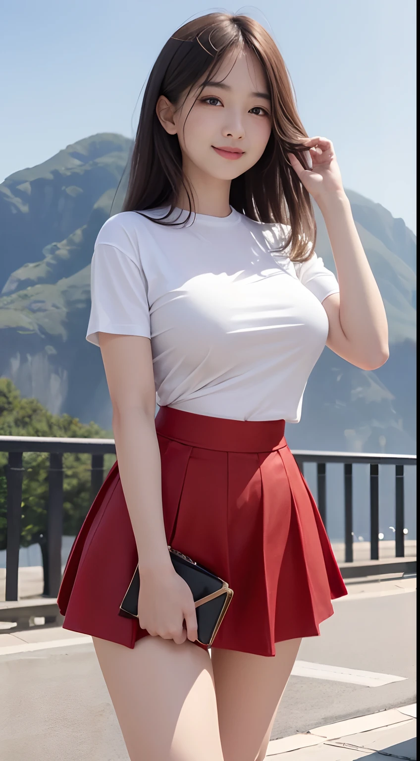 ((top-quality、8K、masterpiece:1.3))、Fat Body Beauty:1.4、Chinese beauty、huge tit:1.6、rounded thighs:1.6、length hair、(tight t shirt、tight skirts:1.6)、Sat、Highly detailed facial and skin texture、Delicat eyes、二重まぶた、Round face、thin lipss、a smile、wealthy、fair white skin、scenery background