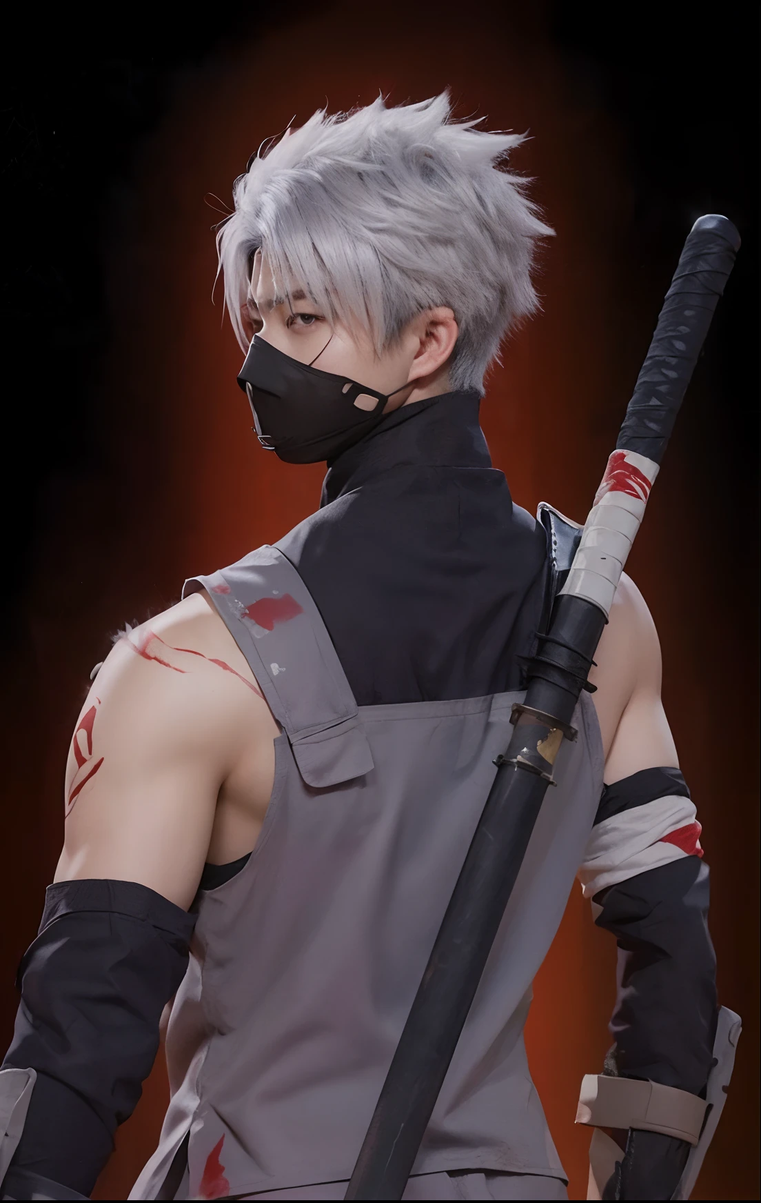 Real life adaption of this character,his name is Kakashi hatake from anime Naruto,Korean handsome face, realistic same outfit, realistic same hair, hyper realistic, realistic background, realistic light, realistic shadow, realism,(photorealistic:1.2),there is a katana in the back, there is many splash red paint on the body