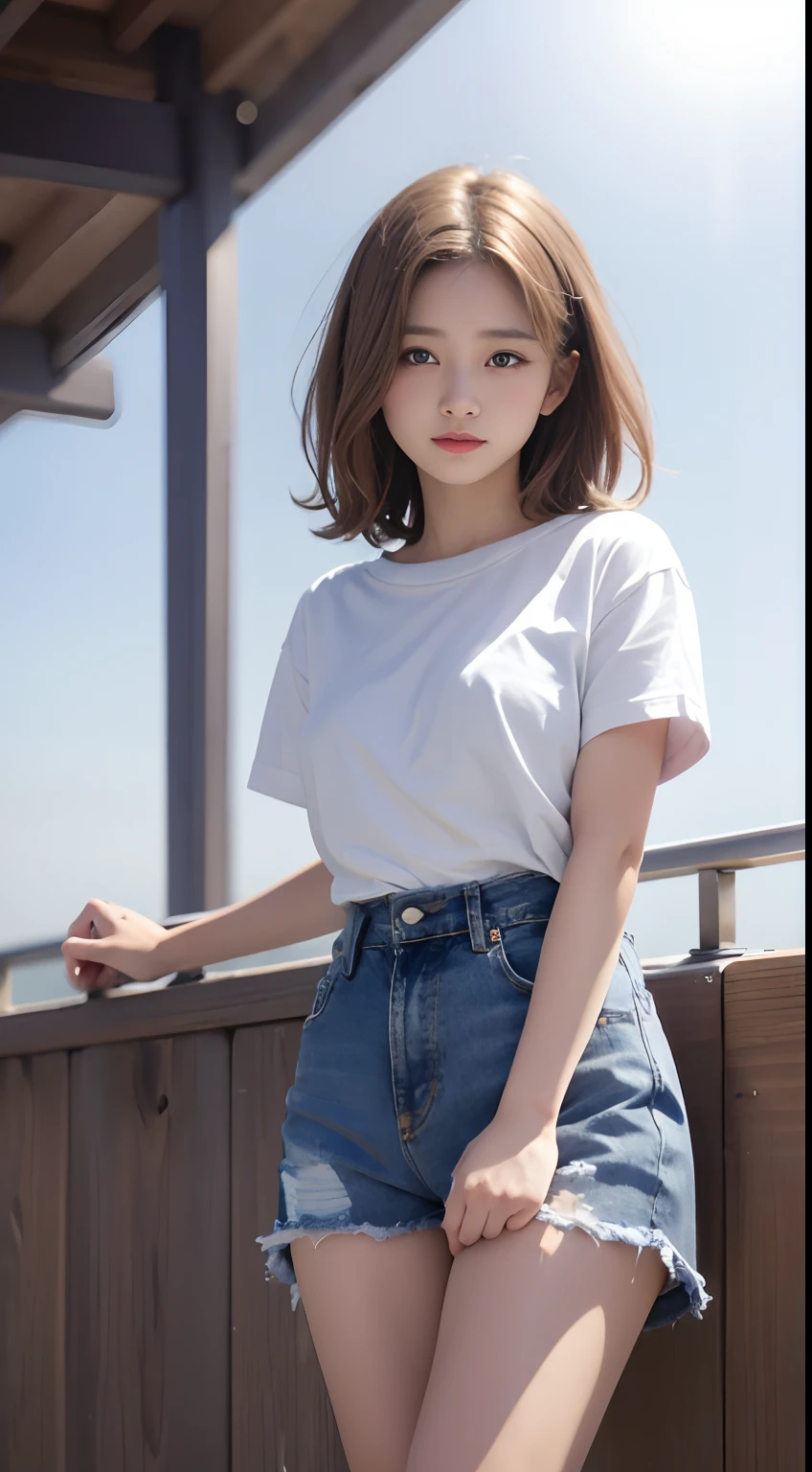 Beautiful schoolgirl、Medium bob hair、beautiful hair of light brown color、White short sleeve cut and sew、Denim shorts、ample breasts、Sheer nipples、glowing sun、blue-sky、clouds、Spring air、Photographed from below、low angles、Mare