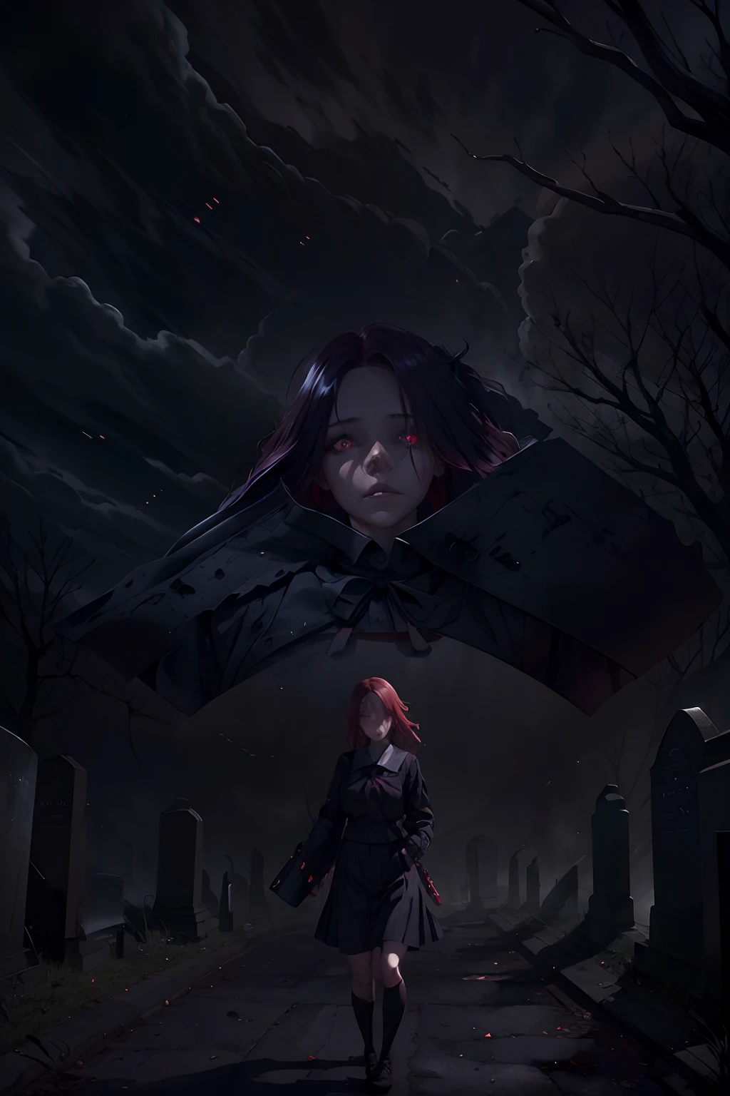 (best quality, highres:1.2),ultra-detailed, realistic, creepy young woman, detailed eyes and face, beautiful detailed lips, long eyelashes, (yandere schoolgirl), (British Style Japanese School uniform), running through a creepy cemetery with her pet (dogs), horror, eerie atmosphere, dark shadows, misty environment, gothic landscape, hauntingly beautiful, pale skin, sinister smile, red tinted hair, gloomy lighting, spooky atmosphere, mysterious aura, abandoned tombstones, foggy ambiance, twisted trees, gravestones, haunting presence, pet dogs with glowing red eyes, hauntingly elegant movements, sinister energy, chilling wind, ominous atmosphere, gothic aesthetic, dramatic lighting, eerie vibe