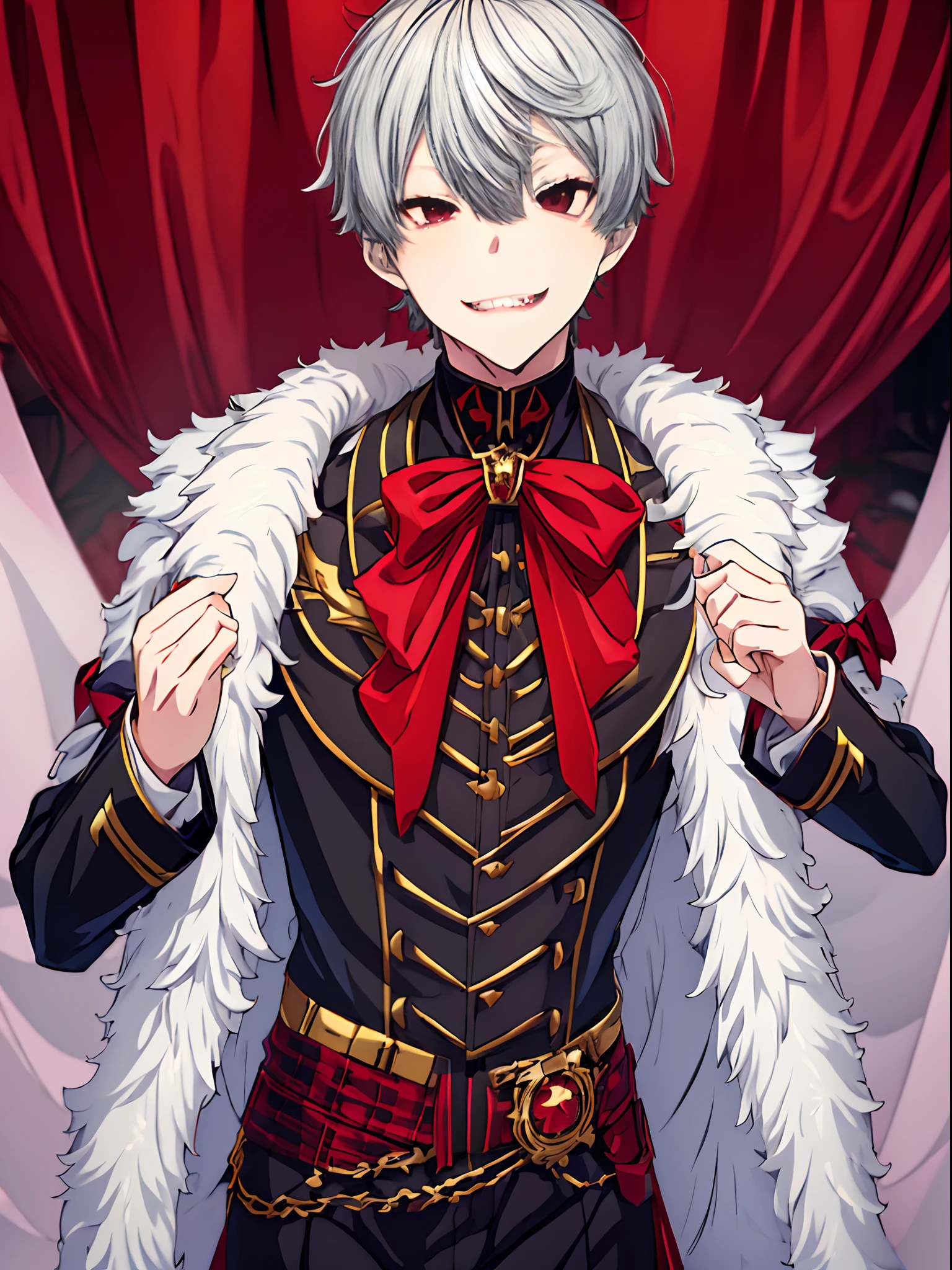 ((Litter is))、((Nijisanji Kuzu))、Nijisanji、Vampire Photos、​masterpiece、4K works、Short-haired man with gray hair、Vampire Man、((Solo Photography))、((Only 1 person))、Vampire costume、Fangs grow、Beautiful anime works、animesque、Grinning expression