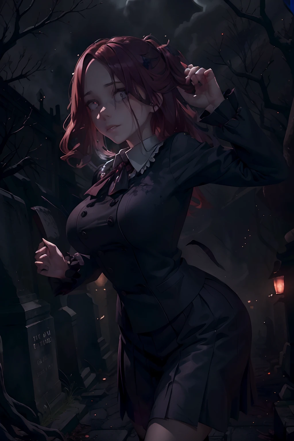 (best quality, highres:1.2),ultra-detailed, realistic, creepy young woman, detailed eyes and face, beautiful detailed lips, long eyelashes, (yandere schoolgirl), (British Style Japanese School uniform), running through a creepy cemetery with her pet (dogs), horror, eerie atmosphere, dark shadows, misty environment, gothic landscape, hauntingly beautiful, pale skin, sinister smile, red tinted hair, gloomy lighting, spooky atmosphere, mysterious aura, abandoned tombstones, foggy ambiance, twisted trees, gravestones, haunting presence, pet dogs with glowing red eyes, hauntingly elegant movements, sinister energy, chilling wind, ominous atmosphere, gothic aesthetic, dramatic lighting, eerie vibe