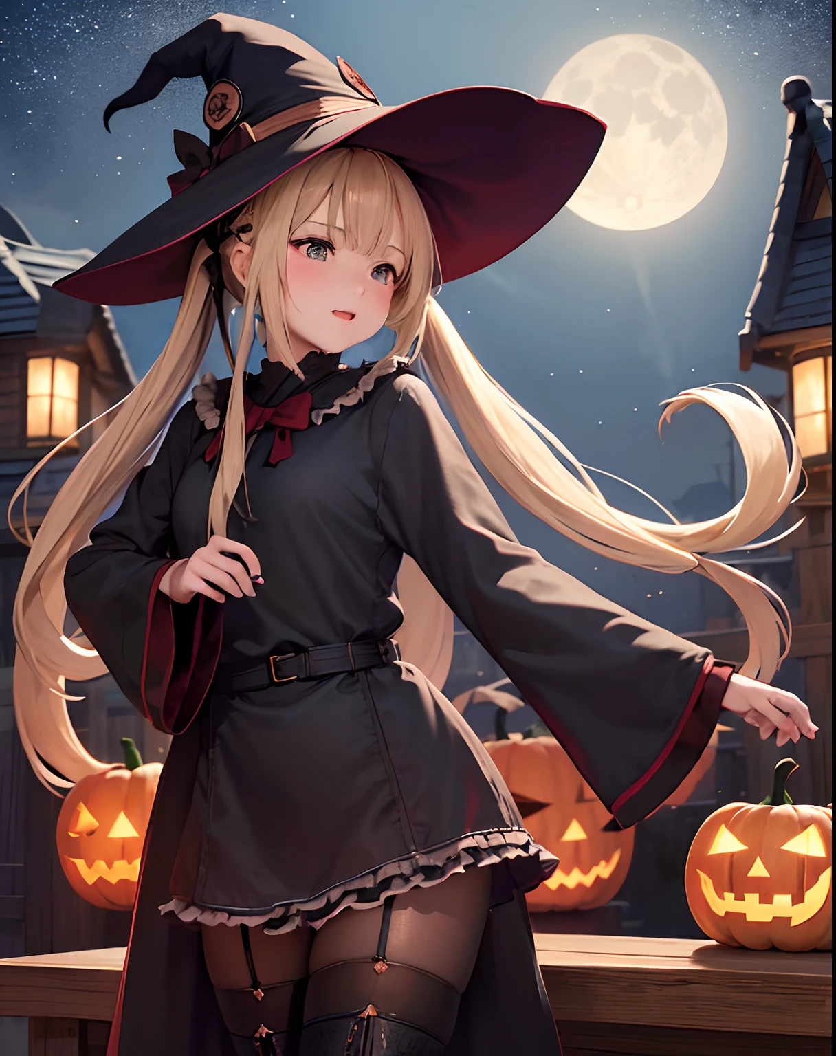 ​masterpiece、hiquality、1girl in、独奏、Marie Rose、cowboy  shot、embarassed expression、(((witch clothing)))、((long robe))、((pantyhose))、(long boots)、natta、Pumpkin Lantern、((a miniskirt))、fullmoon