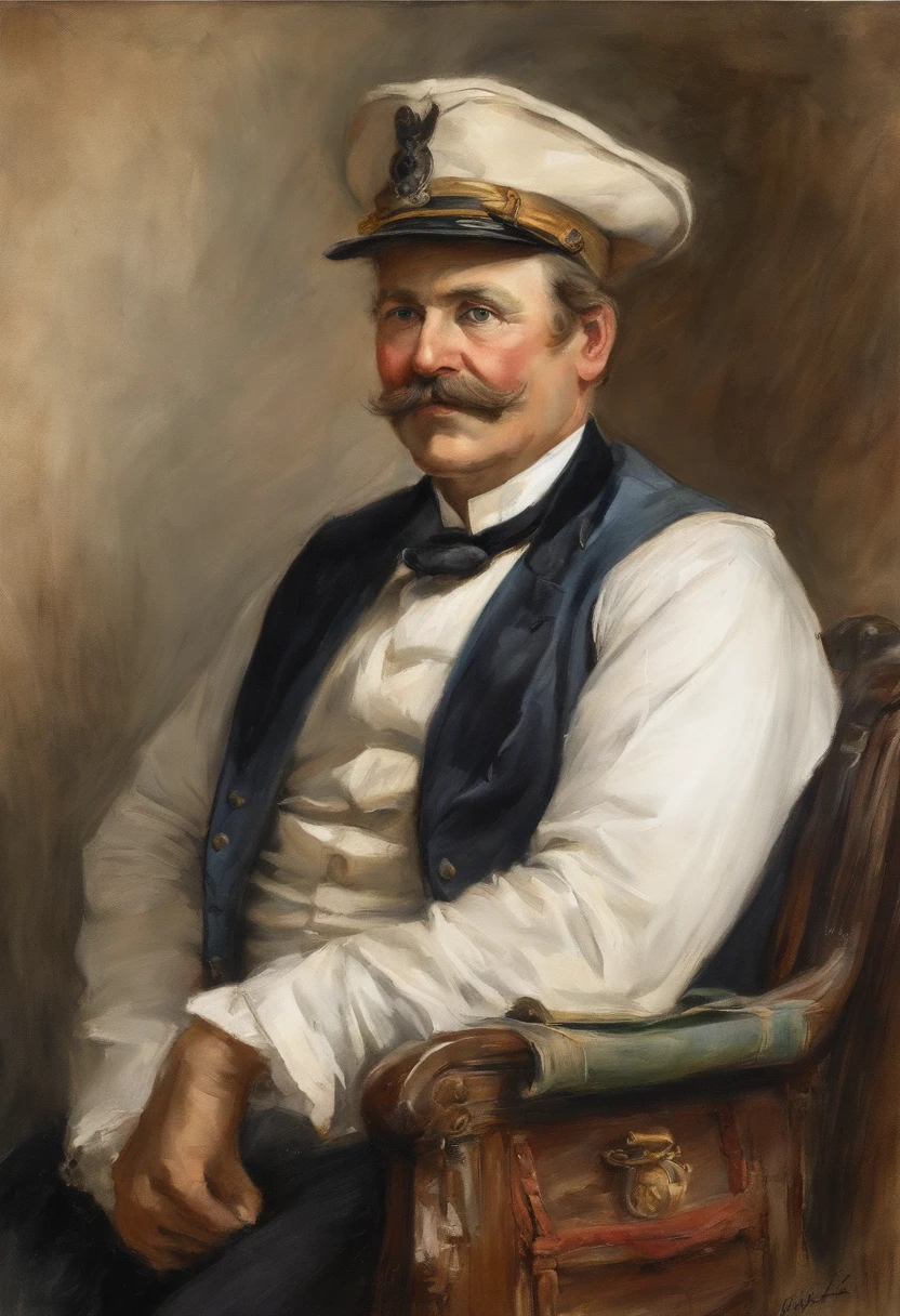 "Portrait of a 19th century ship captain with distinguished whiskers and a white shirt, captured in dramatic lighting. Le capitaine porte une casquette, lunettes, et bretelles."