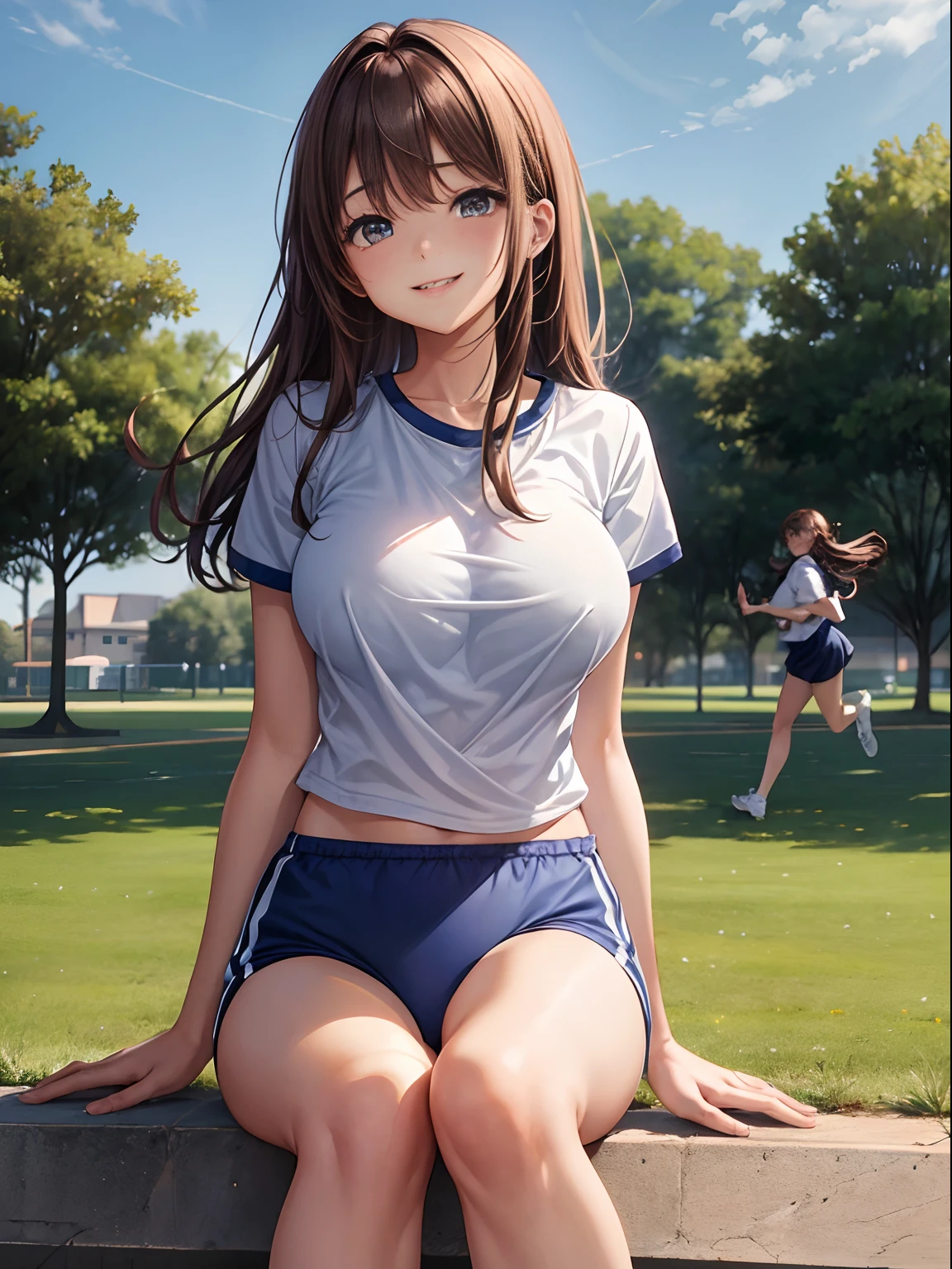 8k, masterpiece, Very detailed, Schoolyard、Sports Fieldを走るBlack Hairの女子高生、Red tracksuit、,Black bloomers、High leg bloomers、 Sports Field,Outdoor, Black Hair、Medium Long Hair、smile、Beautiful breasts
