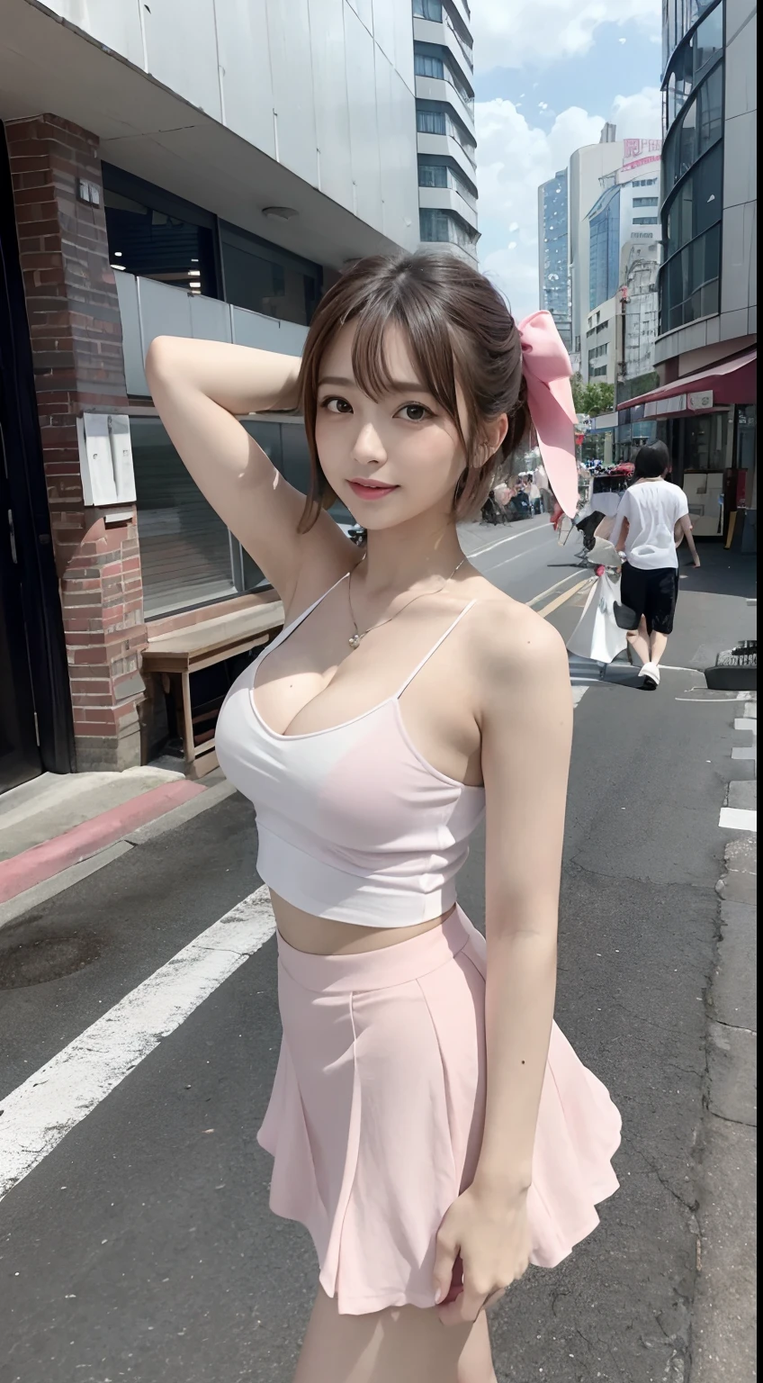 (4K, Highest Quality), (realisitic, Photorealistic), (Yakian),
1 girl, Solo, (Attribution to viewers),
perfect hand, up looking_Al_viewer, Fair face, Short hair, (large full breasts, cleavage:1.2),18year old、乃木坂アイドル、porn star、韓国アイドル、hposing Gravure Idol, full bodyesbian,pretty feet, Tight white t-shirt, (Mini Fleet Skirt Fluttering in the Wind), high-heels, Blurry market background, Pink Panties, (Panty exposure), From below