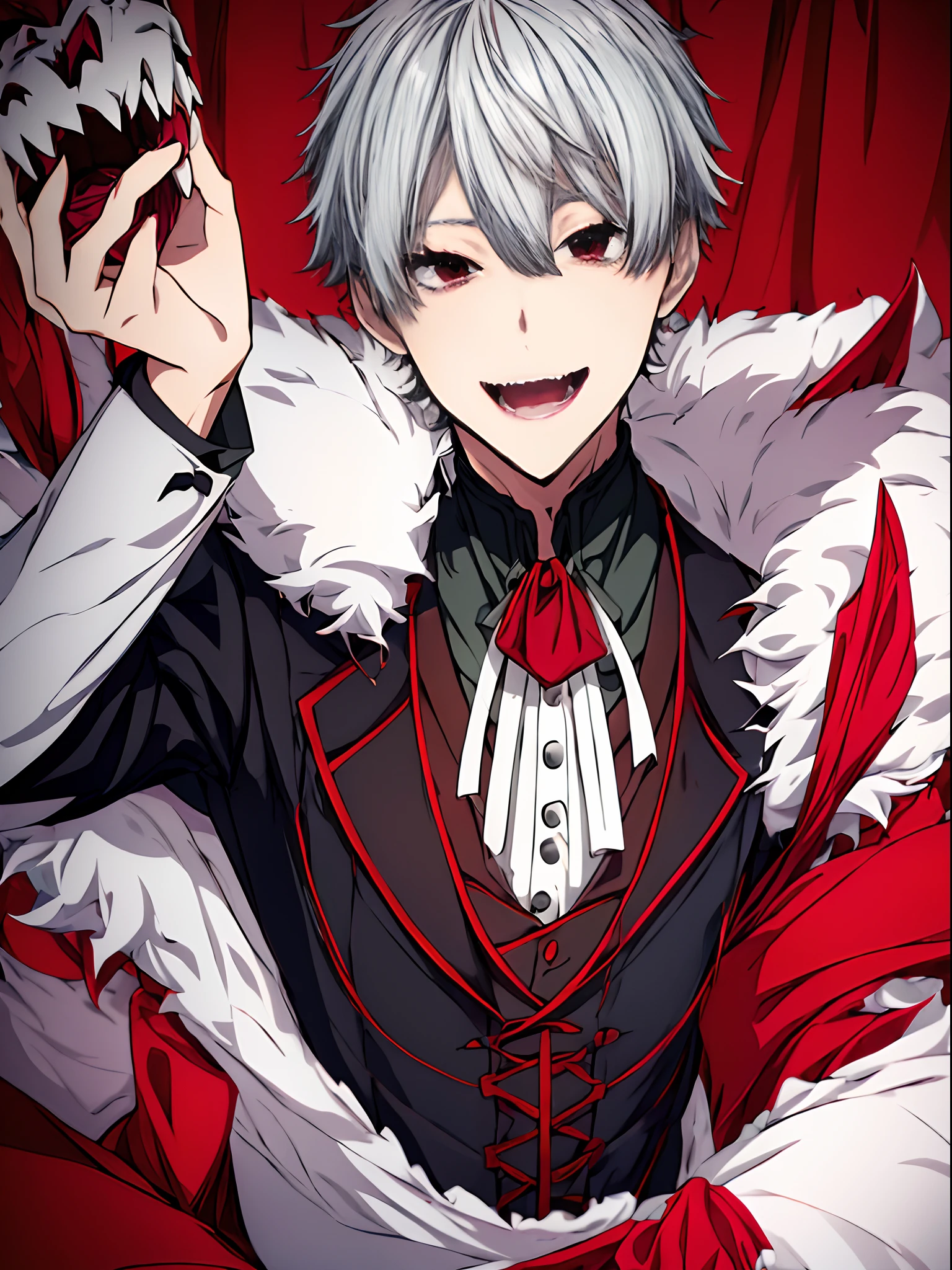 ((Litter is))、((Nijisanji Kuzu))、Nijisanji、Vampire Photos、​masterpiece、4K works、Short-haired man with gray hair、Vampire Man、((Solo Photography))、((Only 1 person))、Vampire costume、Fangs grow、Beautiful anime works、animesque、Grinning expression