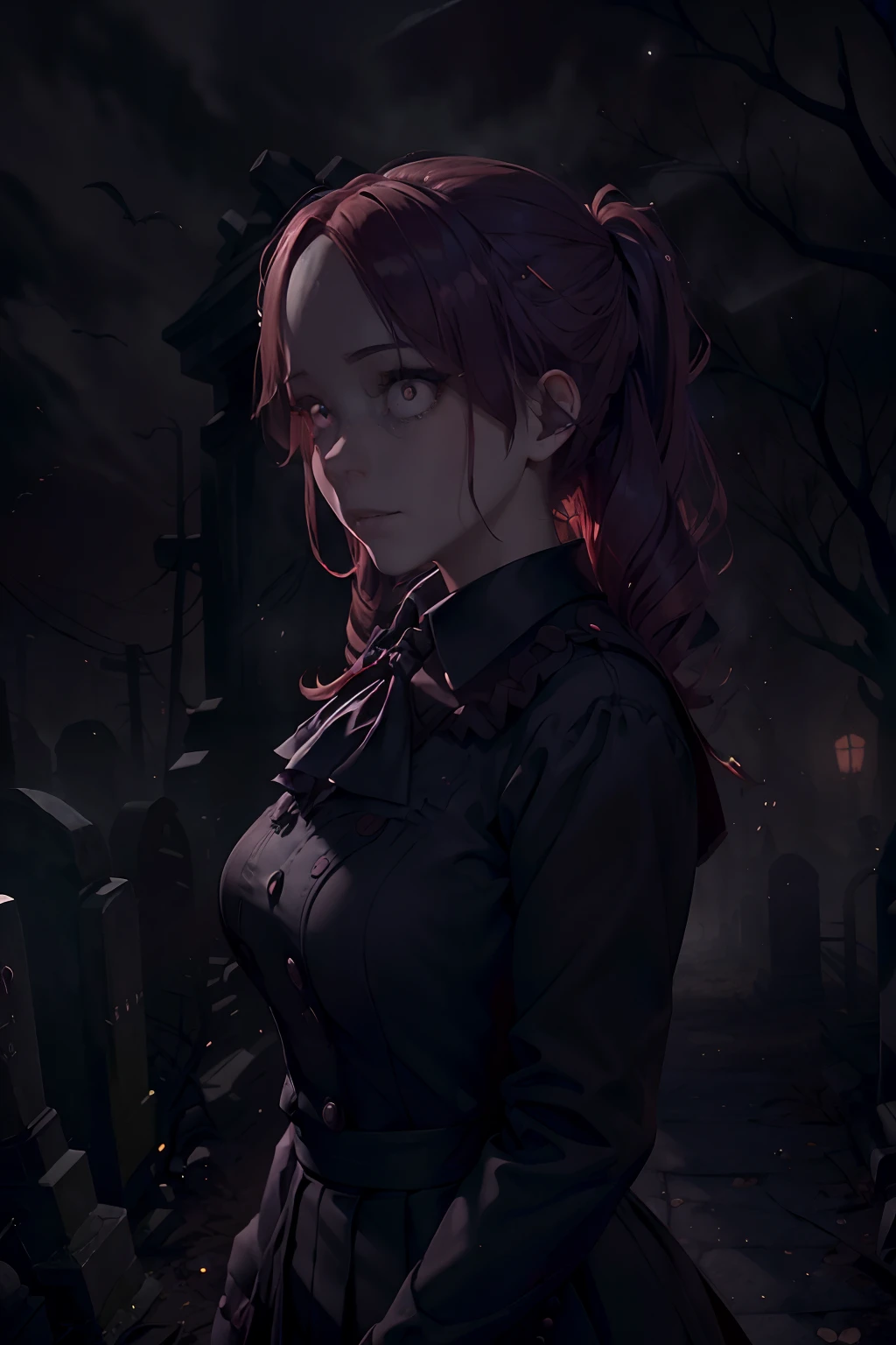 (best quality, highres:1.2),ultra-detailed, realistic, creepy young woman, detailed eyes and face, beautiful detailed lips, long eyelashes, (yandere schoolgirl), (British Style Japanese School uniform), running through a creepy cemetery with her pet (dogs), horror, eerie atmosphere, dark shadows, misty environment, gothic landscape, hauntingly beautiful, pale skin, sinister smile, red tinted hair, gloomy lighting, spooky atmosphere, mysterious aura, abandoned tombstones, foggy ambiance, twisted trees, gravestones, haunting presence, pet dogs with glowing red eyes, hauntingly elegant movements, sinister energy, chilling wind, ominous atmosphere, gothic aesthetic, dramatic lighting, eerie vibe