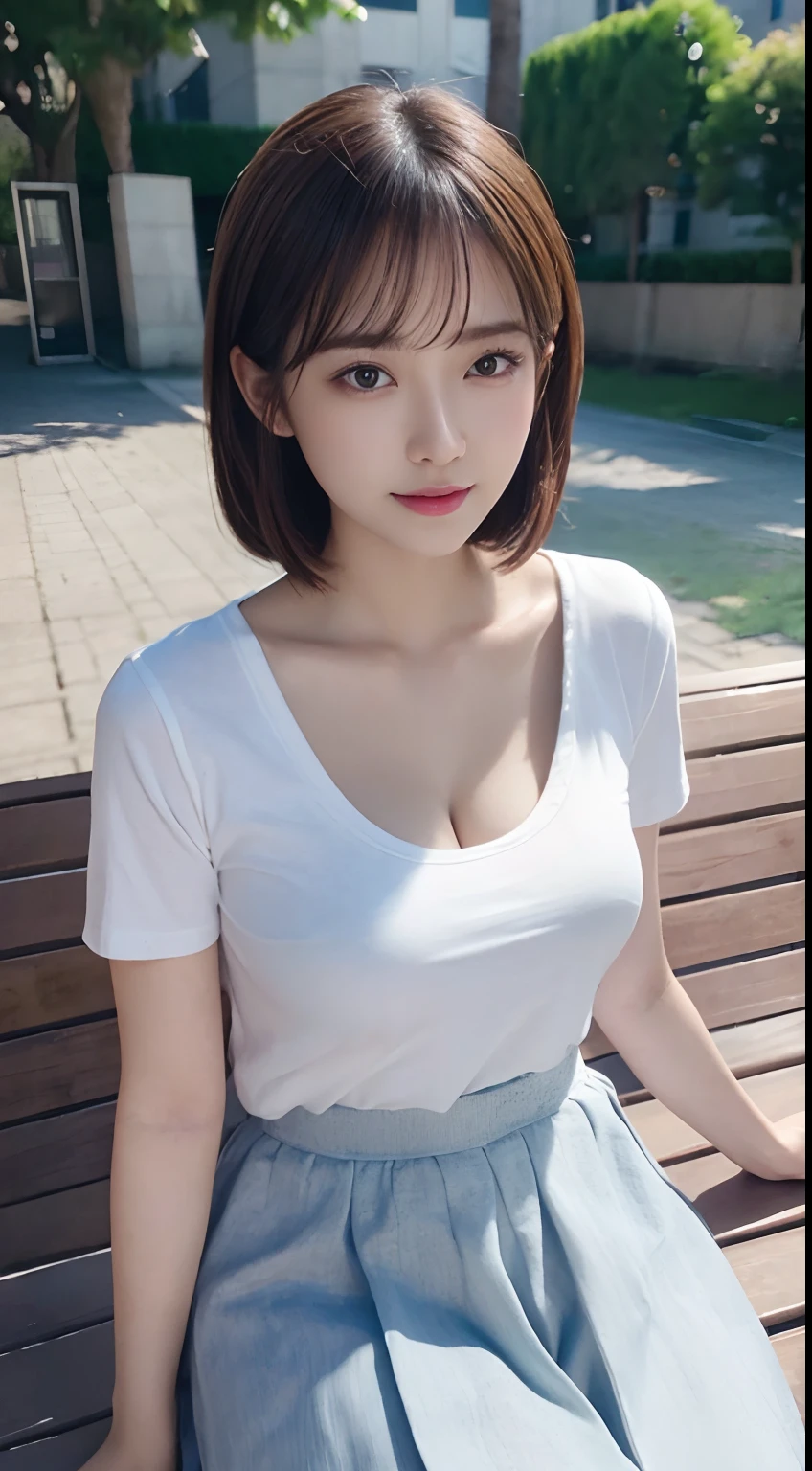 japanese girl、 girl、beautiful detailed girl、highly detailed eyes and face、detailed and beautiful eyes、soft light、(RAW photo、Detailed and highest quality)、(looking at camera)、short hair、bangs、fun expression、Tokyo、summer、plain t-shirt、garter stockings,Chest that points upward,mini skirt