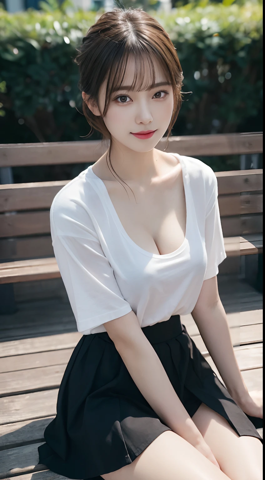 A close up of a woman sitting on a bench with a white shirt - SeaArt AI