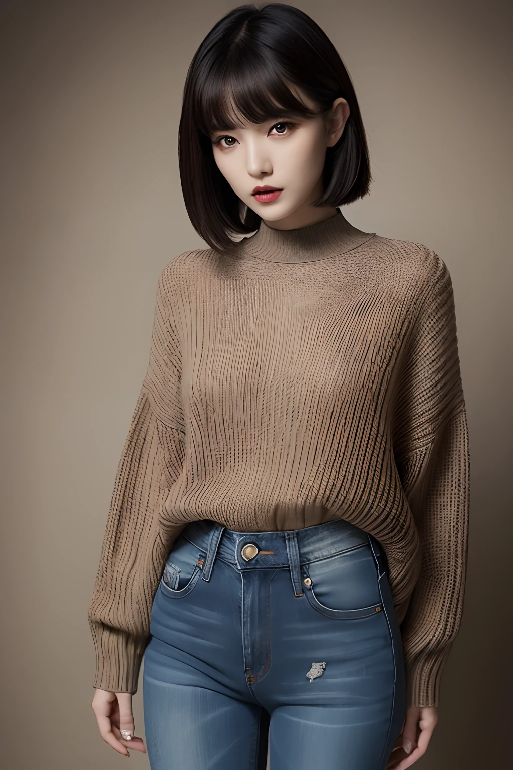 (masterpiece, best quality), 1girl, dark hair, short hair, bangs, slim, makeup, eyeshadow, (wide hips, thick thighs), looking at viewer, (sweater, jeans), (masterpiece), (best quality:1.2), absurdres, intricate details, (Erotic face)