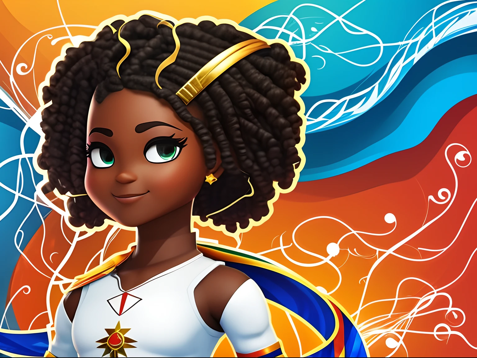 Crie uma imagem de um ninja negrode ,corpo inteiro uma personagem marrons, diffetent angles, no estilo Miraculous Ladybug, ficha de personagem, fundo branco --ar 3:2, poses de personagem , Depois de um apocalipse no futuro, afro cabelo caindo para frente, Rasta type but braided, corpo inteiro, vestindo um traje indiano ribulo africano corpo inteiro, A realistic 4K phoenix with blue feathers, dourado, cosmico , with an expression The route follows the nuclei of the flag of Cape Verde. The top is deep blue, simbolizando o oceano que cerca as ilhas. The chest and the central part are white, representando a paz e a unidade do povo cabo-verdiano. The sleeves and legs are red, denoting determination and spirit, do 10 Estrelas Douradas, : Ten gold stars are prominently displayed at the top of the costume, ao longo do peito e ombros,representando as 10 principais ilhas de Cabo Verde. Cada estrela, It is carefully detailed and shines brightly against the background of the Star Belt