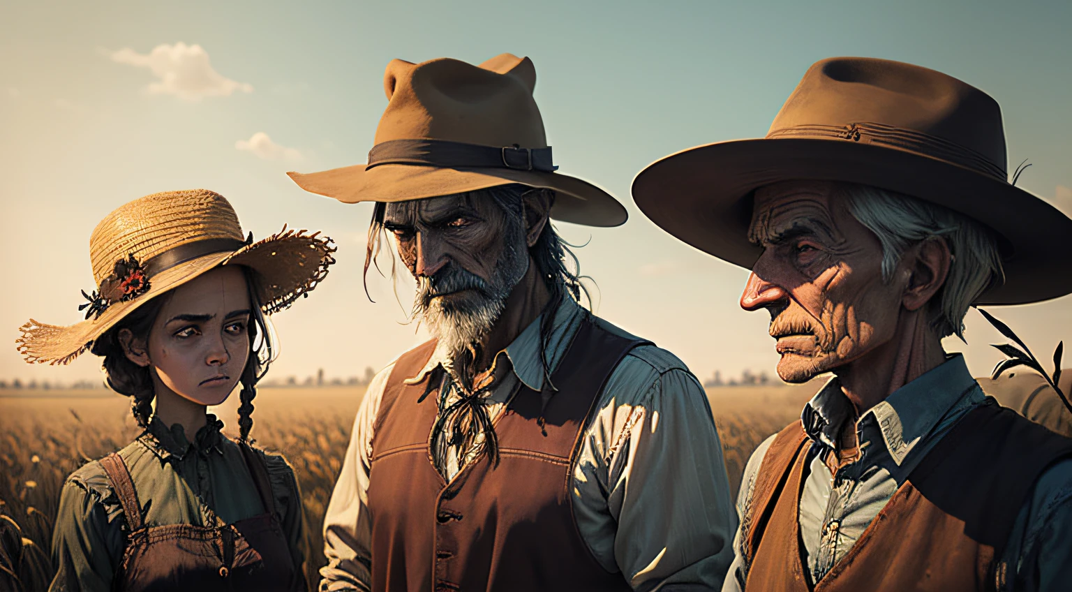 An old farmer looking sadly at his withered crops, a macabre scarecrow slowly rising among the crops, the animals agitated and restless.