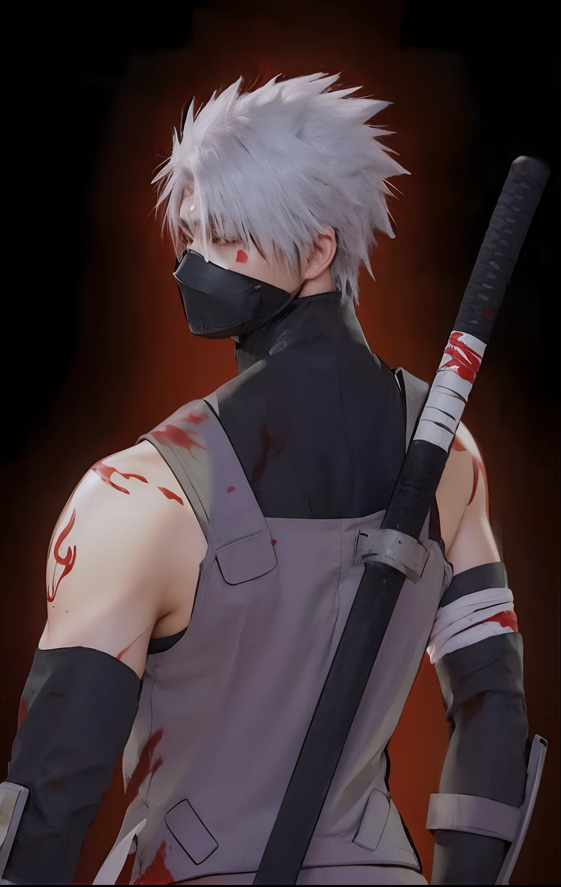 Real life adaption of this character,his name is Kakashi hatake from anime Naruto,Korean handsome face, realistic same outfit, realistic same hair, hyper realistic, realistic background, realistic light, realistic shadow, realism,(photorealistic:1.2),there is a katana in the back, there is many splash red paint on the body