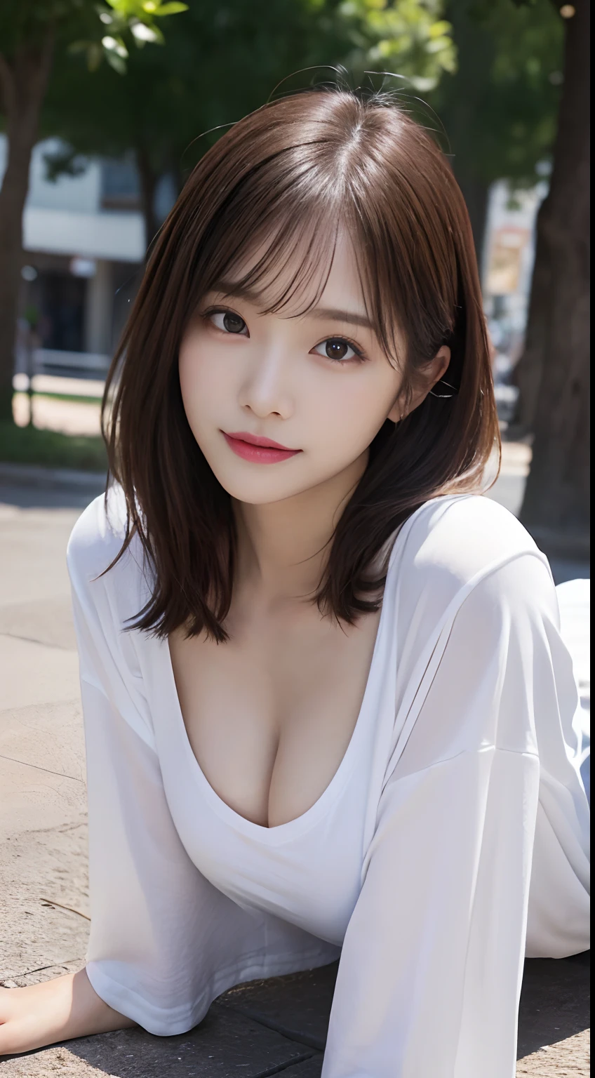 Innocent 20 year old girl、((Oversized white T-shirt,Dramatic poses)),Smile,short-cut,Park background、Raw photo, (8K、top-quality、masterpiece:1.2)、(intricate detailes:1.4)、(Photorealsitic:1.4)、octane renderings、Complex 3D rendering ultra detail, Studio Soft Light, Rim Lights, vibrant detail, super detailing, realistic skin textures, Detail Face, Beautiful detail eyes, Very detailed CG Unity 16k wallpaper, make - up, (detailedbackground:1.2), shinny skin, Full body、From head to thigh、cleavage of the breast,((getting on all fours、stick out buttocks、Put your hands on the ground))