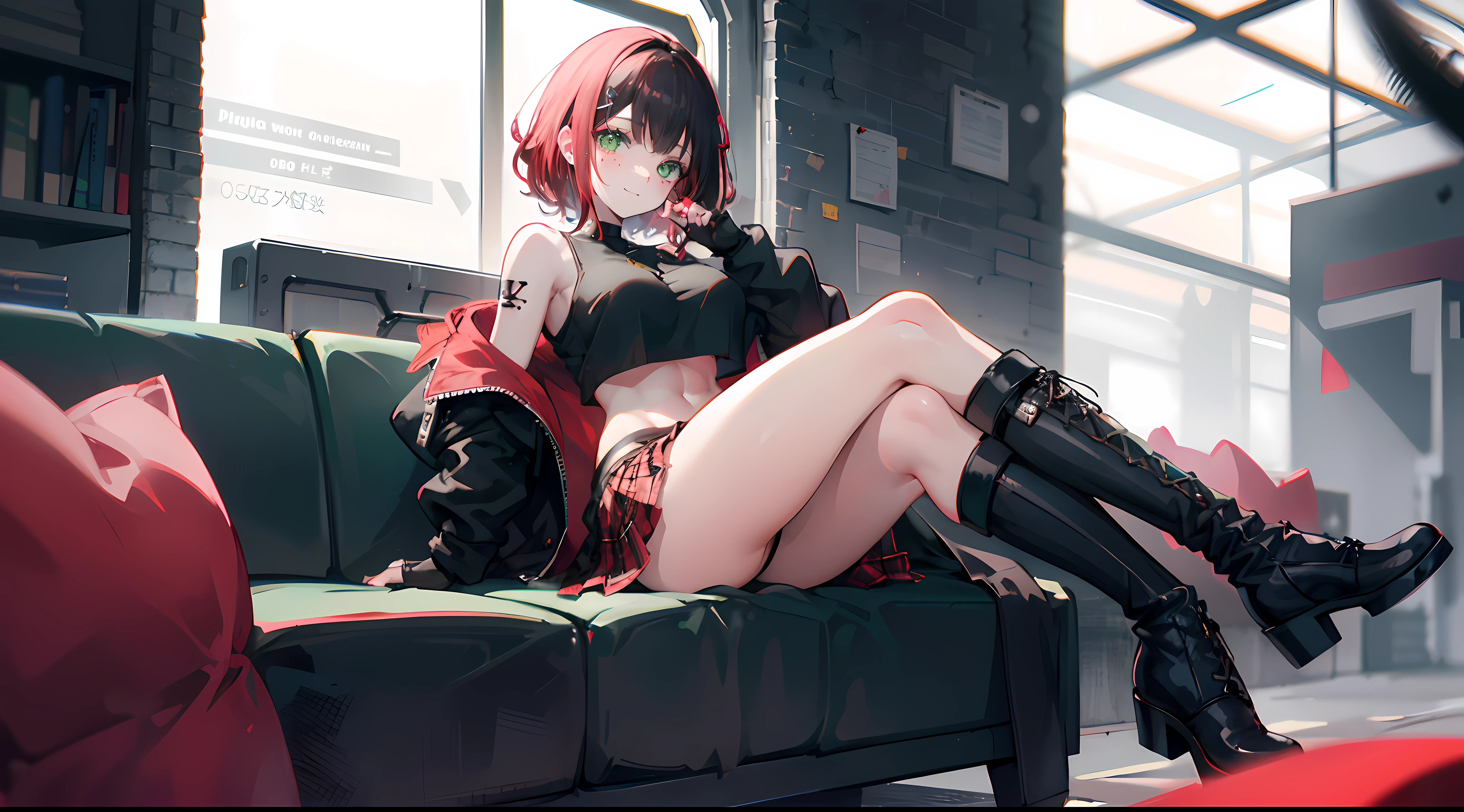 1girl, curly red pixie cut hair, green eyes, wearing crop top black shirt, red plaid skirt, black knee high boots, thigh high socks, black fingerless gloves, jacket, exposed shoulders, thick thighs, full body, large breasts, freckles, abs, boob window, crossing legs, masterpiece, looking at viewer