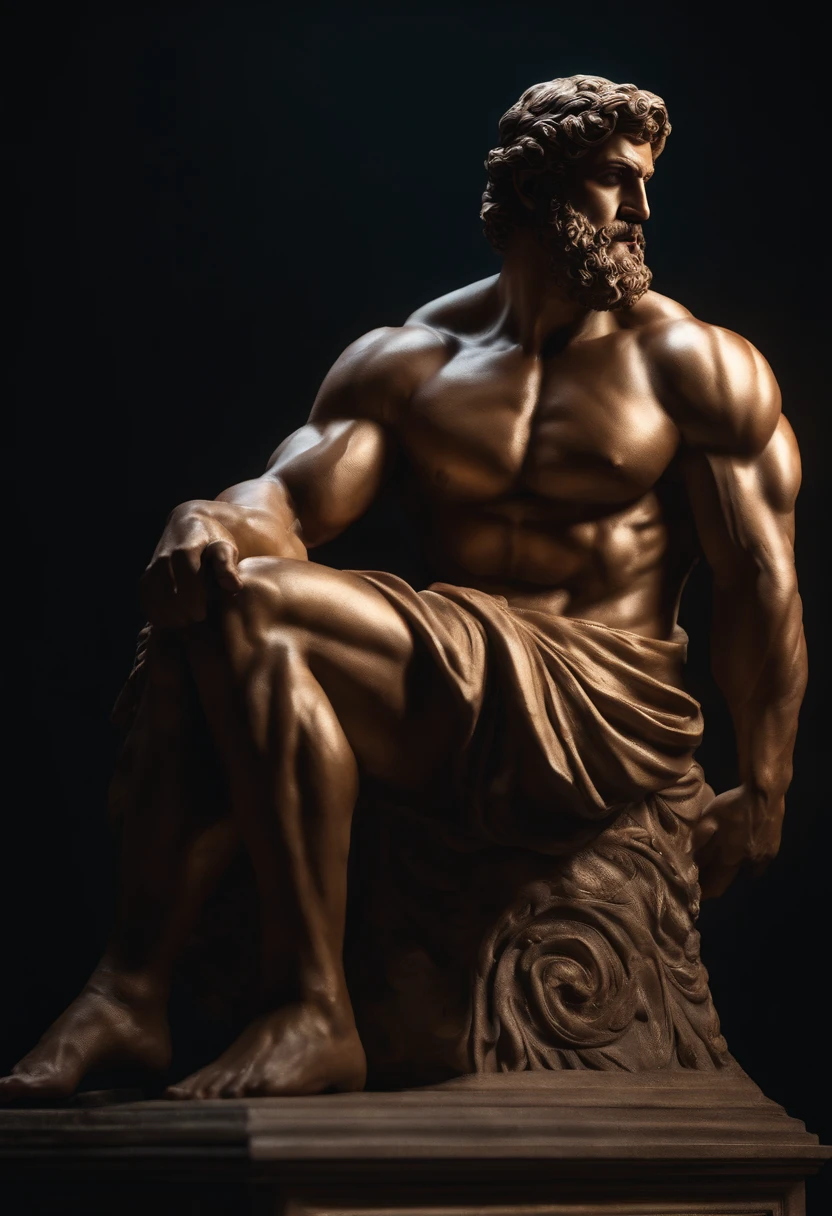 Stoic statue of Zeno de Citio Hercules style with cinematic 4k muscles and dark background.