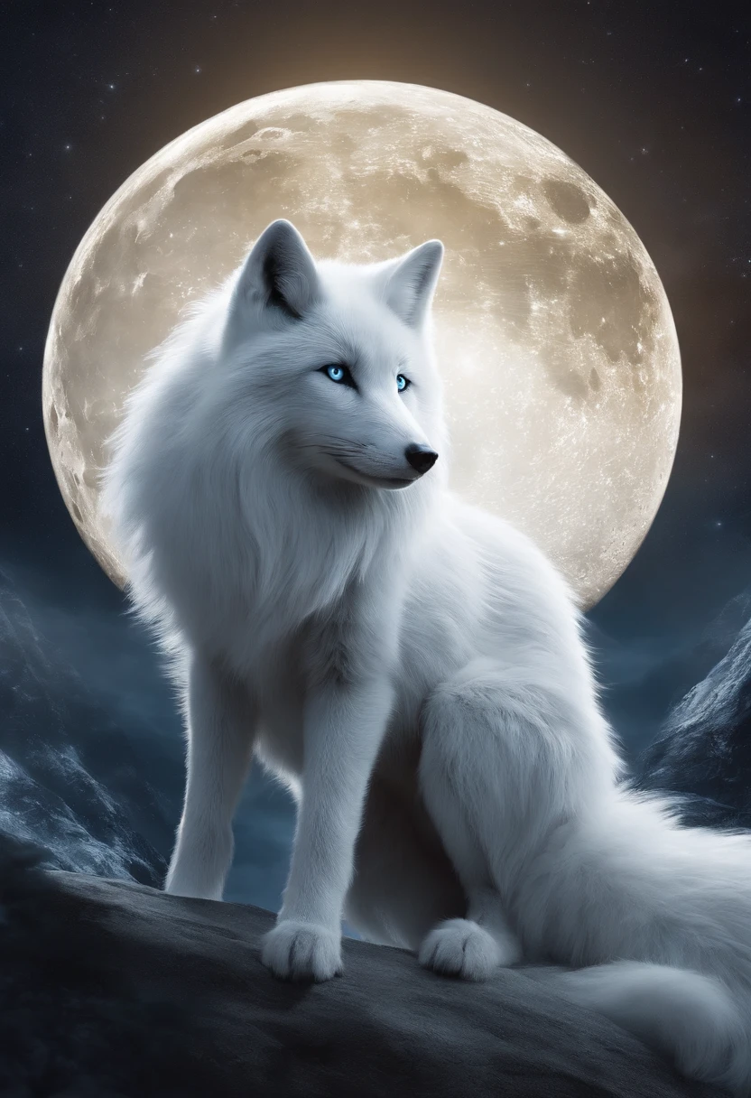 Full HD, Mythical spirit beasts，Nine-tailed silver fox，Giant nine-tailed fox，White flull，Look at the moon