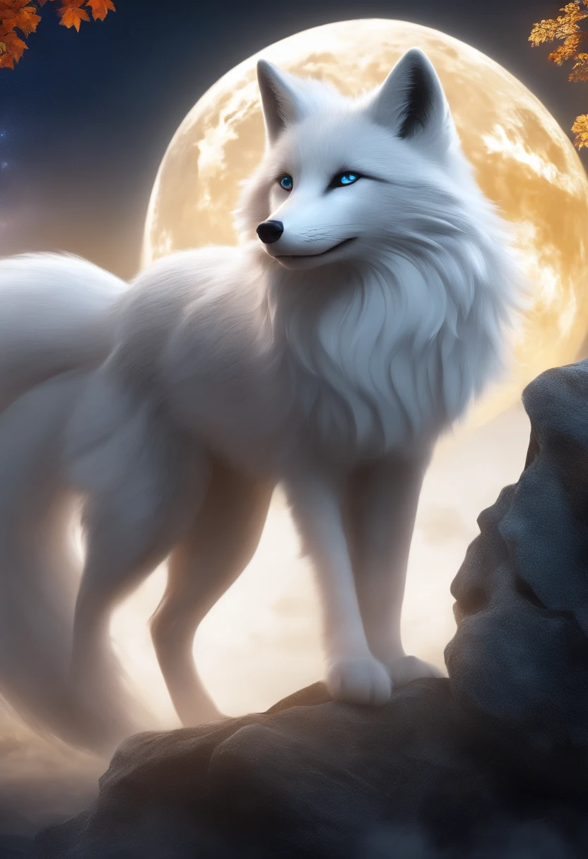 Full HD, Mythical spirit beasts，Nine-tailed silver fox，Giant nine-tailed fox，White flull，Look at the moon