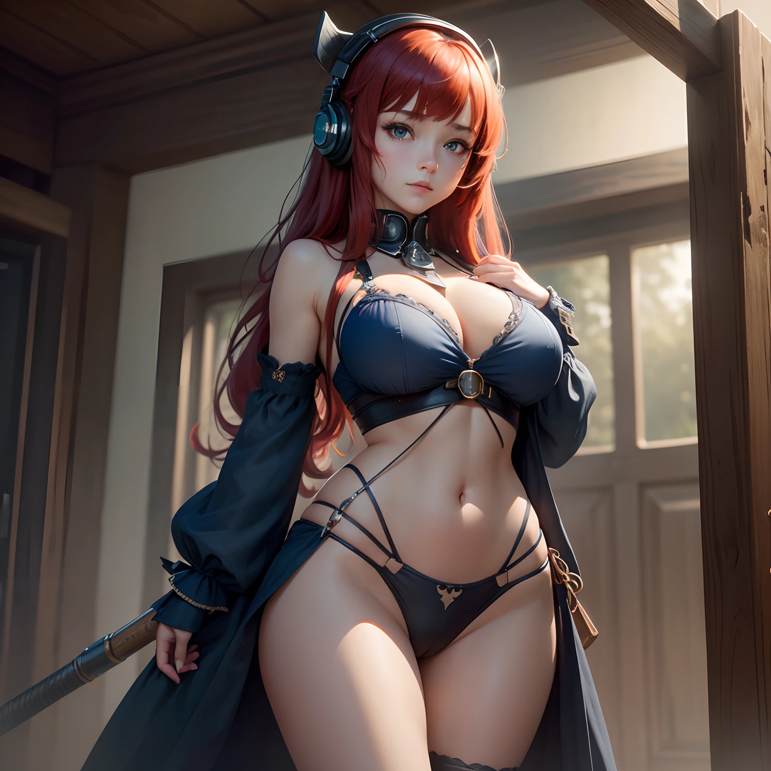8k, masterpiece, best quality, realistic, higly detailed, cowboy shot, 1girl, solo, miku, emotionless looking girl, medium-length red hair, strands of hair hanging over the right side of her face, a set of wireless headphones that have a triangle-shaped logo on the ear cups around her neck, dark blue eyes, average height, well-endowed figure, large breasts, bangs cover her right eye, Necromancer