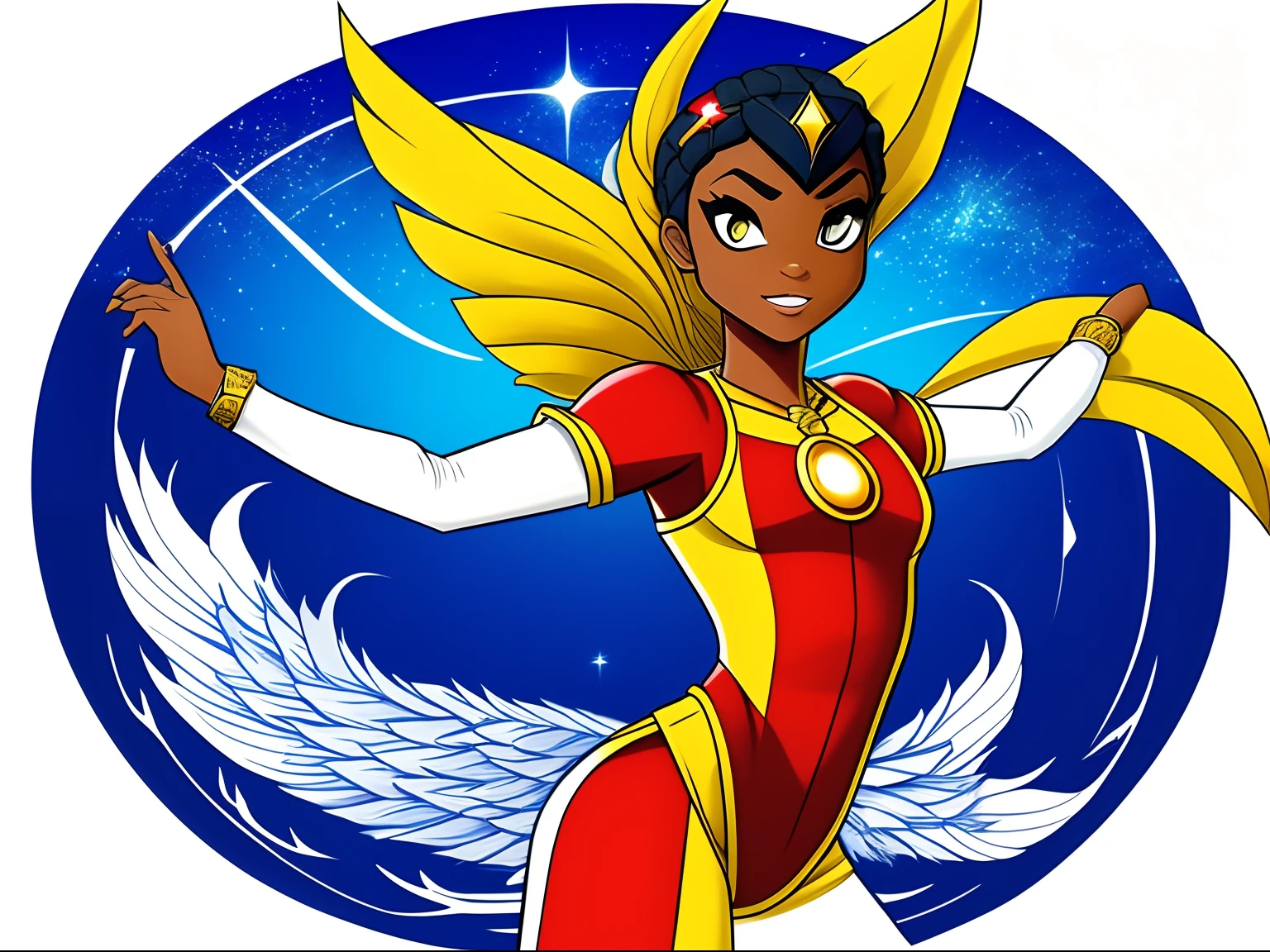 Crie uma imagem de um ninja negrode ,corpo inteiro uma personagem marrons, diffetent angles, no estilo Miraculous Ladybug, ficha de personagem, fundo branco --ar 3:2, poses de personagem , Depois de um apocalipse no futuro, afro cabelo caindo para frente, Rasta type but braided, corpo inteiro, vestindo um traje indiano ribulo africano corpo inteiro, A realistic 4K phoenix with blue feathers, dourado, cosmico , with an expression The route follows the nuclei of the flag of Cape Verde. The top is deep blue, simbolizando o oceano que cerca as ilhas. The chest and the central part are white, representando a paz e a unidade do povo cabo-verdiano. The sleeves and legs are red, denoting determination and spirit, do 10 Estrelas Douradas, : Ten gold stars are prominently displayed at the top of the costume, ao longo do peito e ombros,representando as 10 principais ilhas de Cabo Verde. Cada estrela, It is carefully detailed and shines brightly against the background of the Star Belt