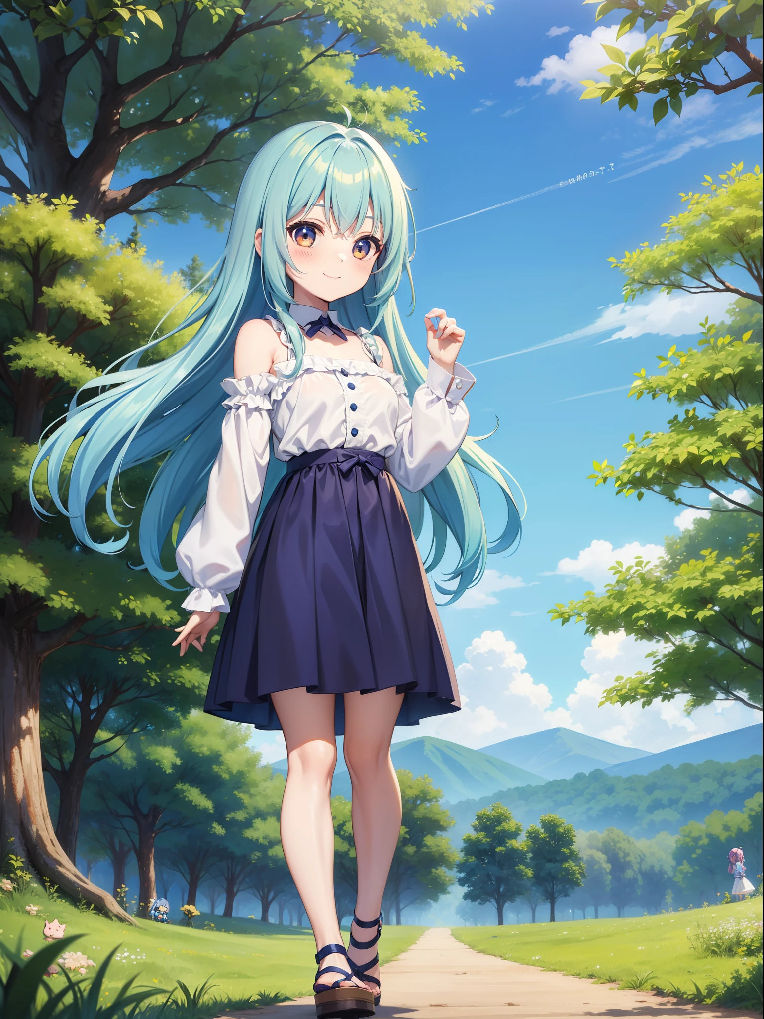 1 girl, Big eyes, long eyelashes,Light blue skirt,light blue long hair,light blue eyes, SakuraFubuki, tree-lined avenue, looking back, smile, Hands tied behind back, One leg out, Slouching
