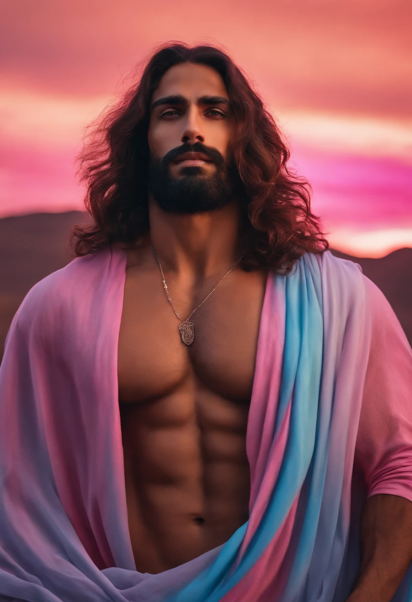 Muscular and sensual Arab Jesus Christ, pubic hair, ?????? posing, a large exposed ????????, sky in gradient from blue to pink, imagem em technicolor