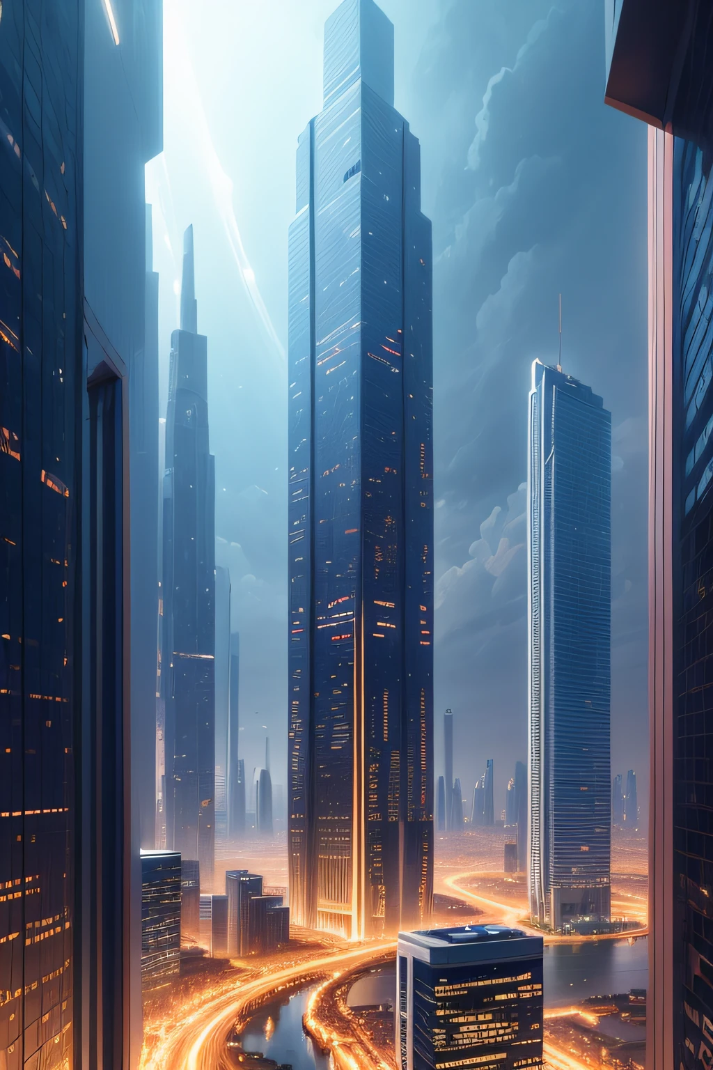 A super technological city with tall buildings, debaixo d'agua, Buildings illuminated with colored lights, fundo escuro, Civilization underwater view from on high, Ultra realista, Muitos detalhes