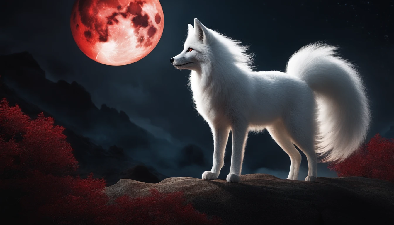 Full HD, Mythical spirit beasts,Nine-tailed silver fox,Giant nine-tailed fox,White flull,Look at the red moon