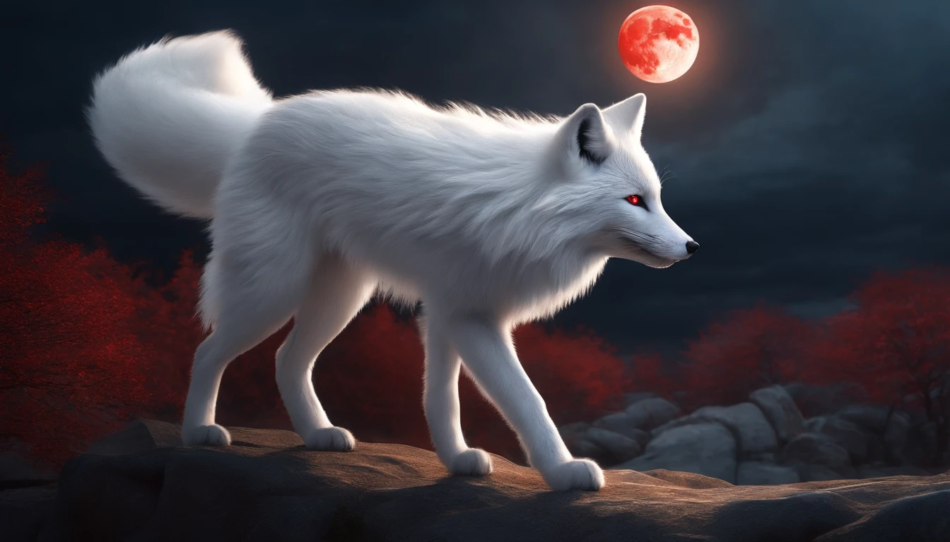 Full HD, Mythical spirit beasts,Nine-tailed silver fox,Giant nine-tailed fox,White flull,Look at the red moon