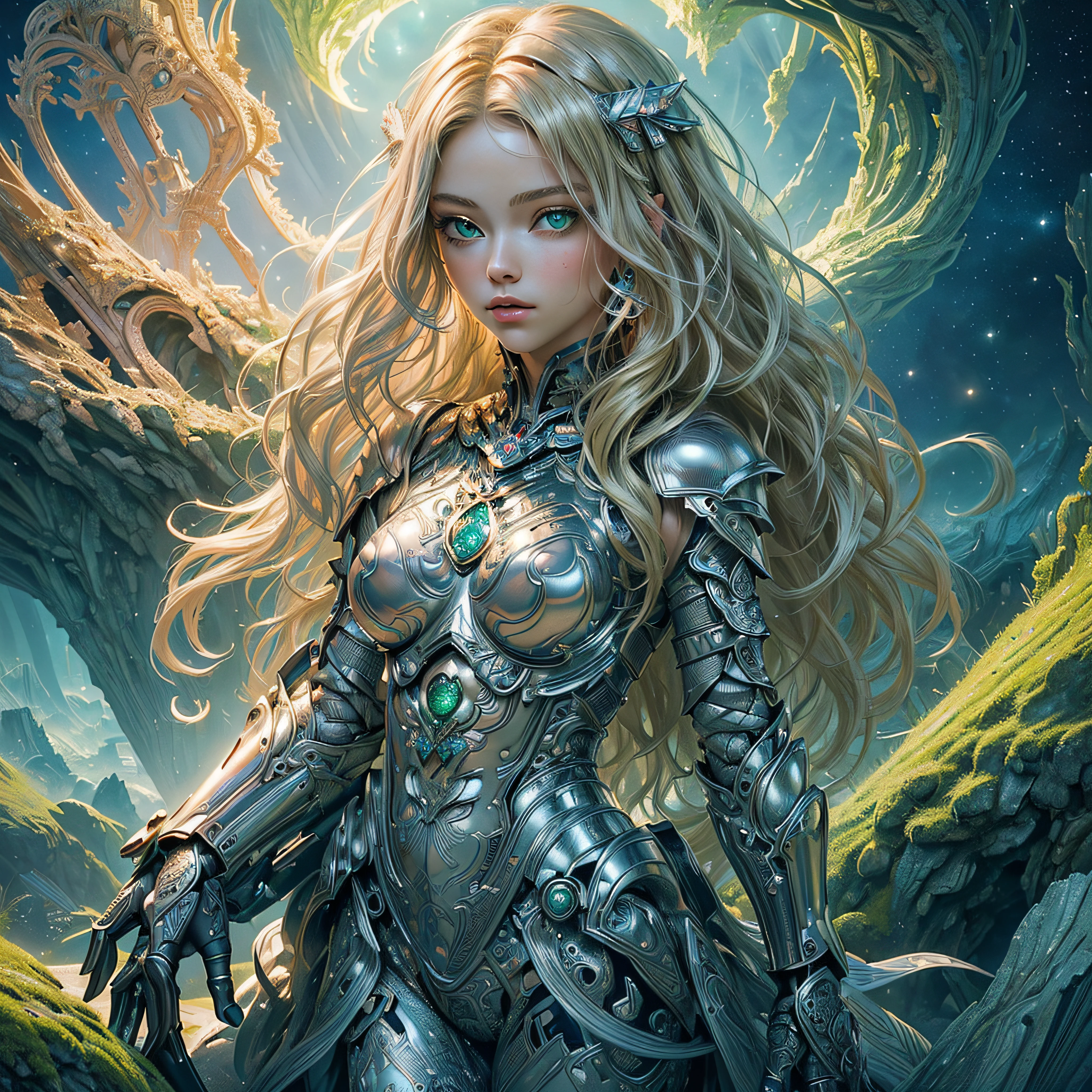 ((masterpiece, 8k, ultra, full shot body, quality, official art, beautiful and aesthetic:1.2), (1girl), (entire figure), silver armor, intricated detailed, NSFW, (fractal art:1.3), cosmic elements, colorful, highest detailed, (green eyes, long wavy hair, blonde hair)