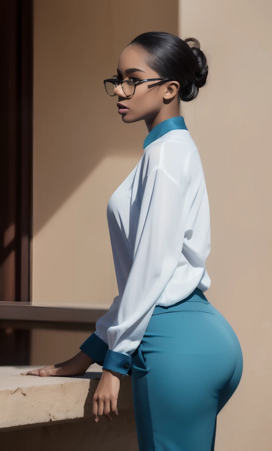 Masterpiece, ultra hd, 4k, high resolution detail, classroom background detailed, perfect lighting, sunset, 1 lady, solo shot, A ponytail lady,beautiful face detailed, eyes detailed, lips detailed, slender toned body, (thick thigh), (medium droopy breast), (rounded hips), (thick ass), perfect proportion and shape, seductive pose, back view, look at camera, fear face detailed, (long sleeve  tight white-blouse tucked in), ((tight blue pastel-shiny formal trouser)), dark skin , fair skin, ((glasses)), ((white shirt)), ((closed white hijab))