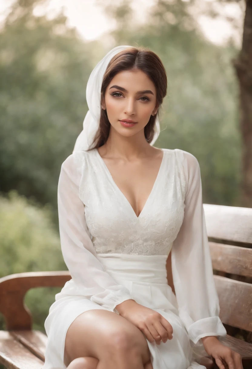 wide angle, Stunning masterpiece, beautiful pakistan muslim women , 20 years old, wearing white low cut top , white pleated short skirt, sitting on bench , a cinematic grading, realistic, outdoors, depth blur, bright light, full body photo, long legs, bare legs, sitting pose, side view, mean look,
