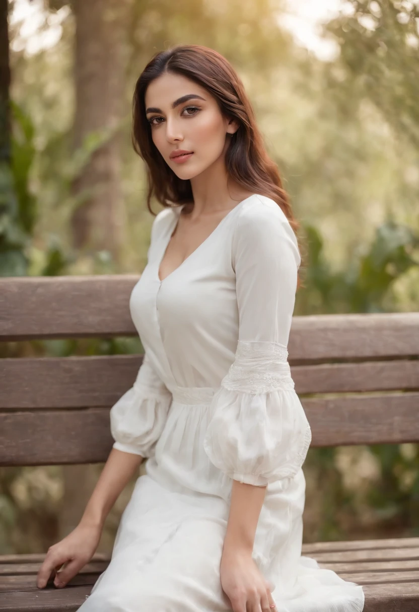 wide angle, Stunning masterpiece, beautiful pakistan muslim women , 20 years old, wearing white low cut top , white pleated short skirt, sitting on bench , a cinematic grading, realistic, outdoors, depth blur, bright light, full body photo, long legs, bare legs, sitting pose, side view, mean look,