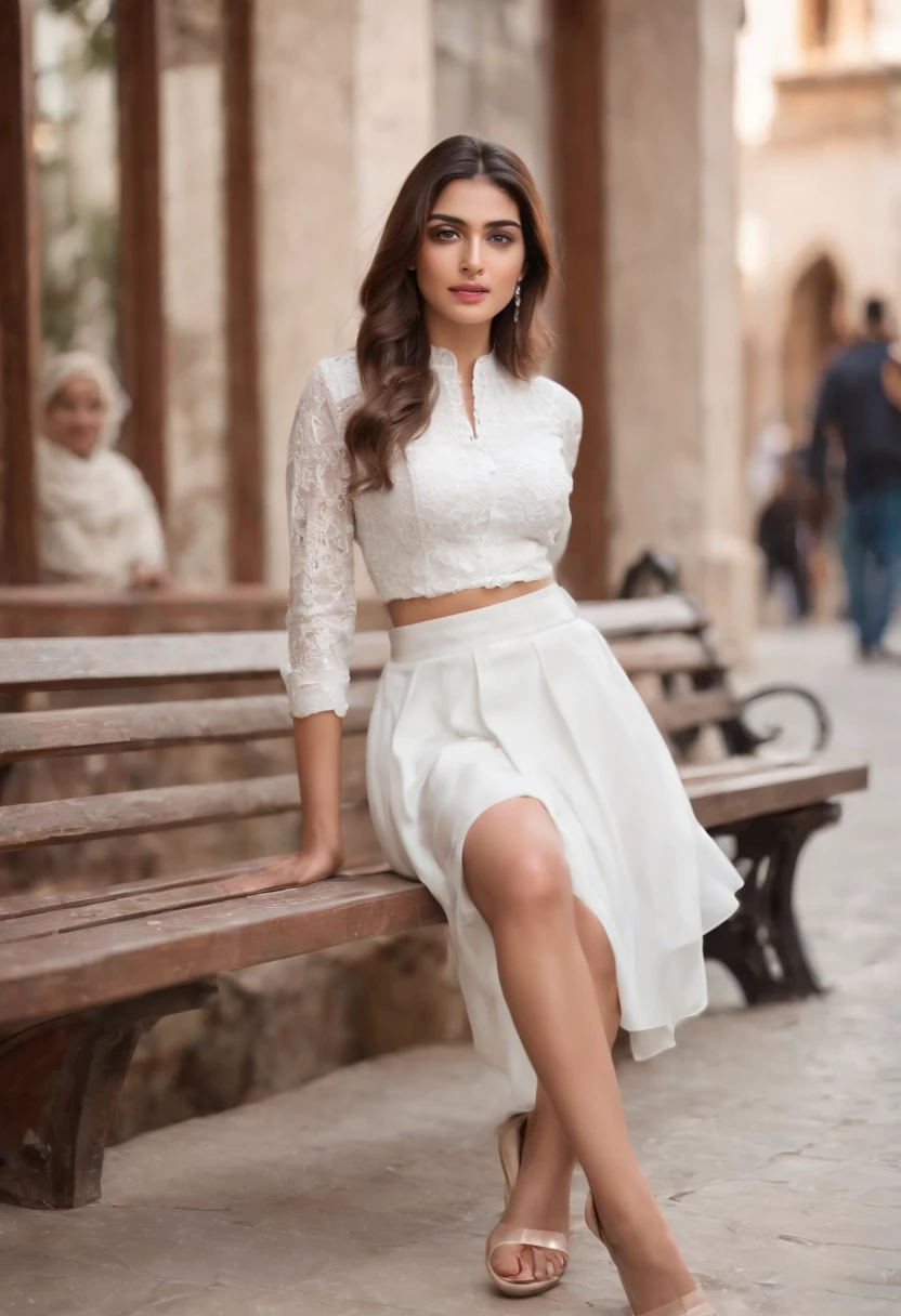 wide angle, Stunning masterpiece, beautiful pakistan muslim women , 20 years old, wearing white low cut top , white pleated short skirt, sitting on bench , a cinematic grading, realistic, outdoors, depth blur, bright light, full body photo, long legs, bare legs, sitting pose, side view, mean look,