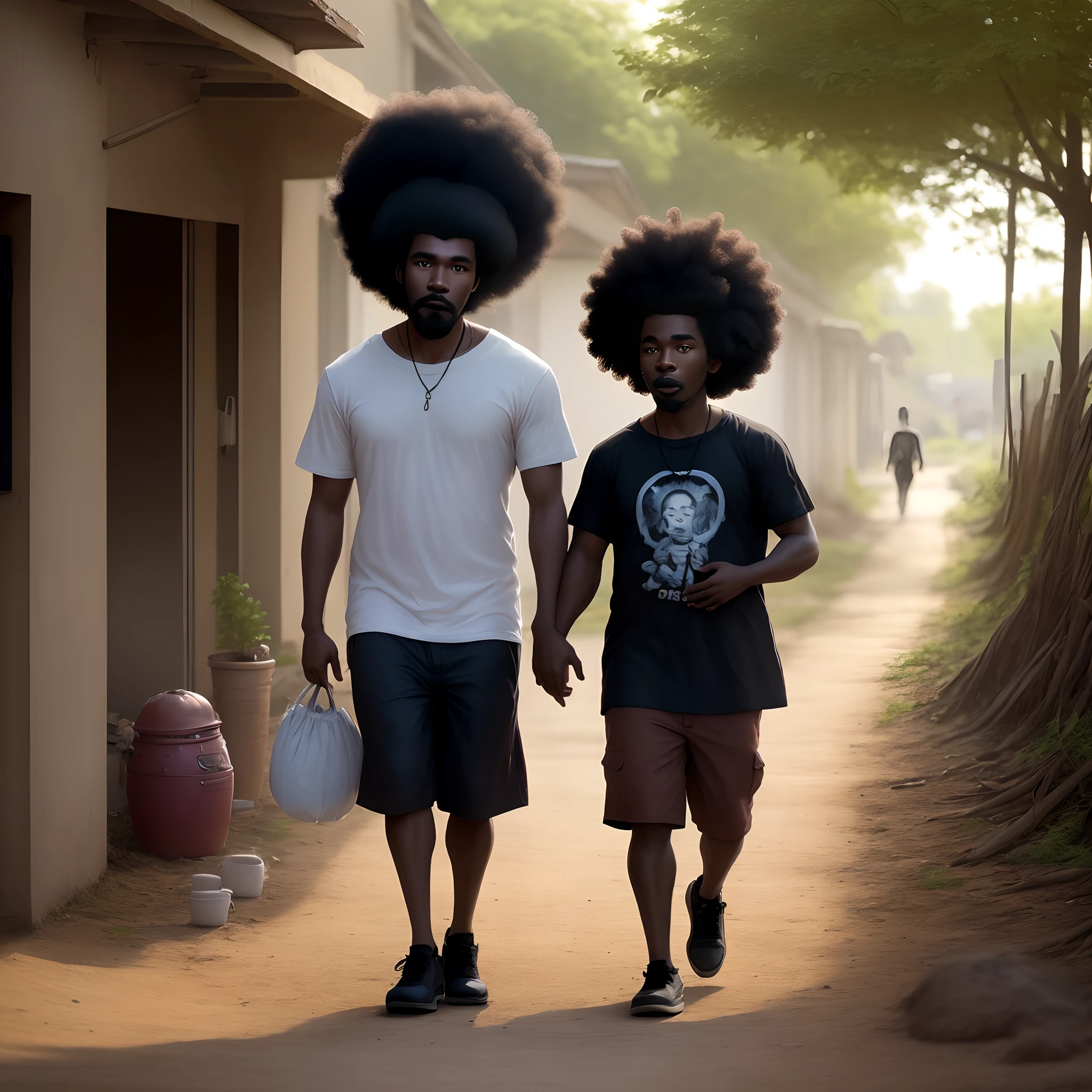 Black afro Man walking with with son, in dirty place